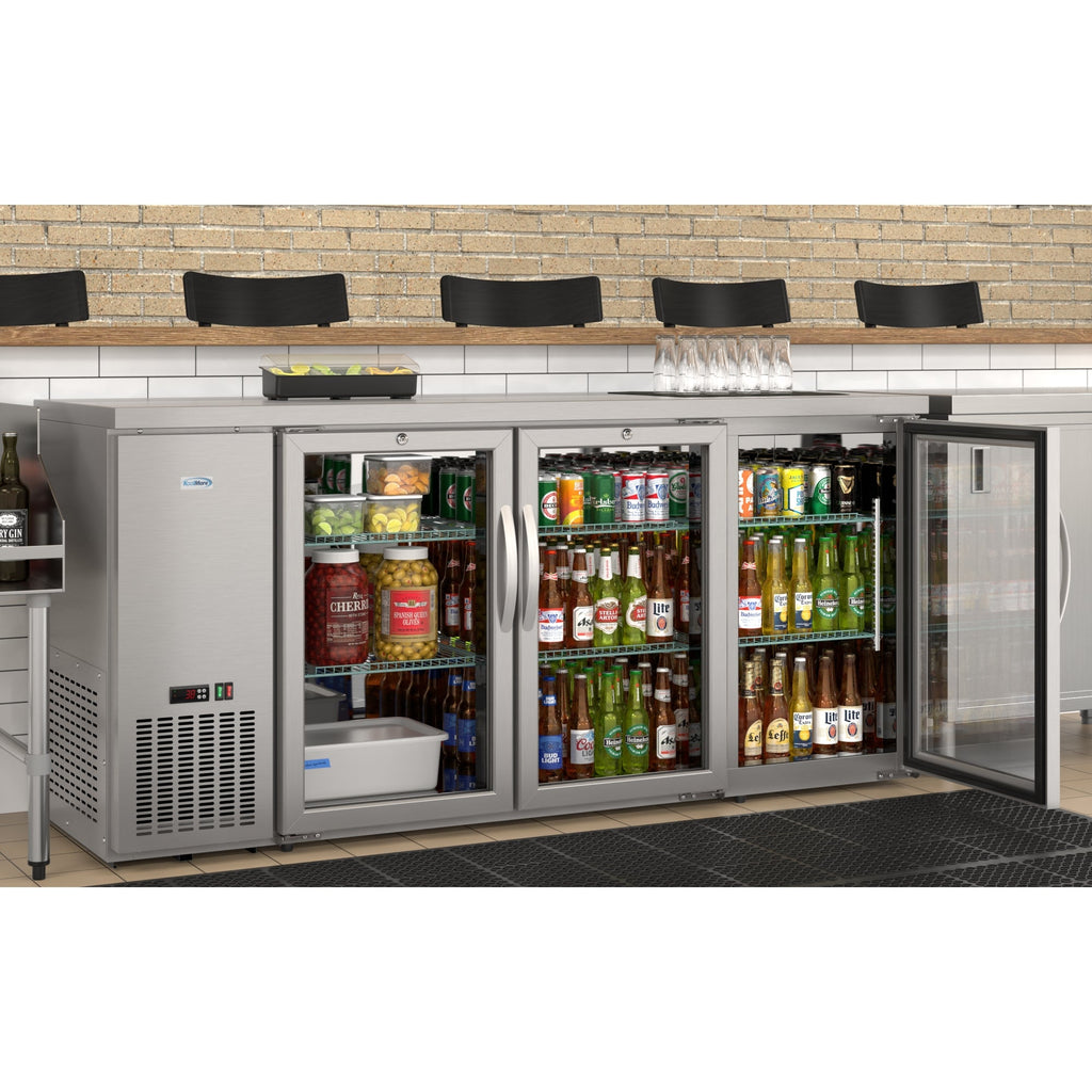 72 in. Commercial Three Glass Door Back Bar Cooler Refrigerator with Side Condenser and Compressor, LED Lighting, 18 Cu. Ft Capacity in Stainless-Steel