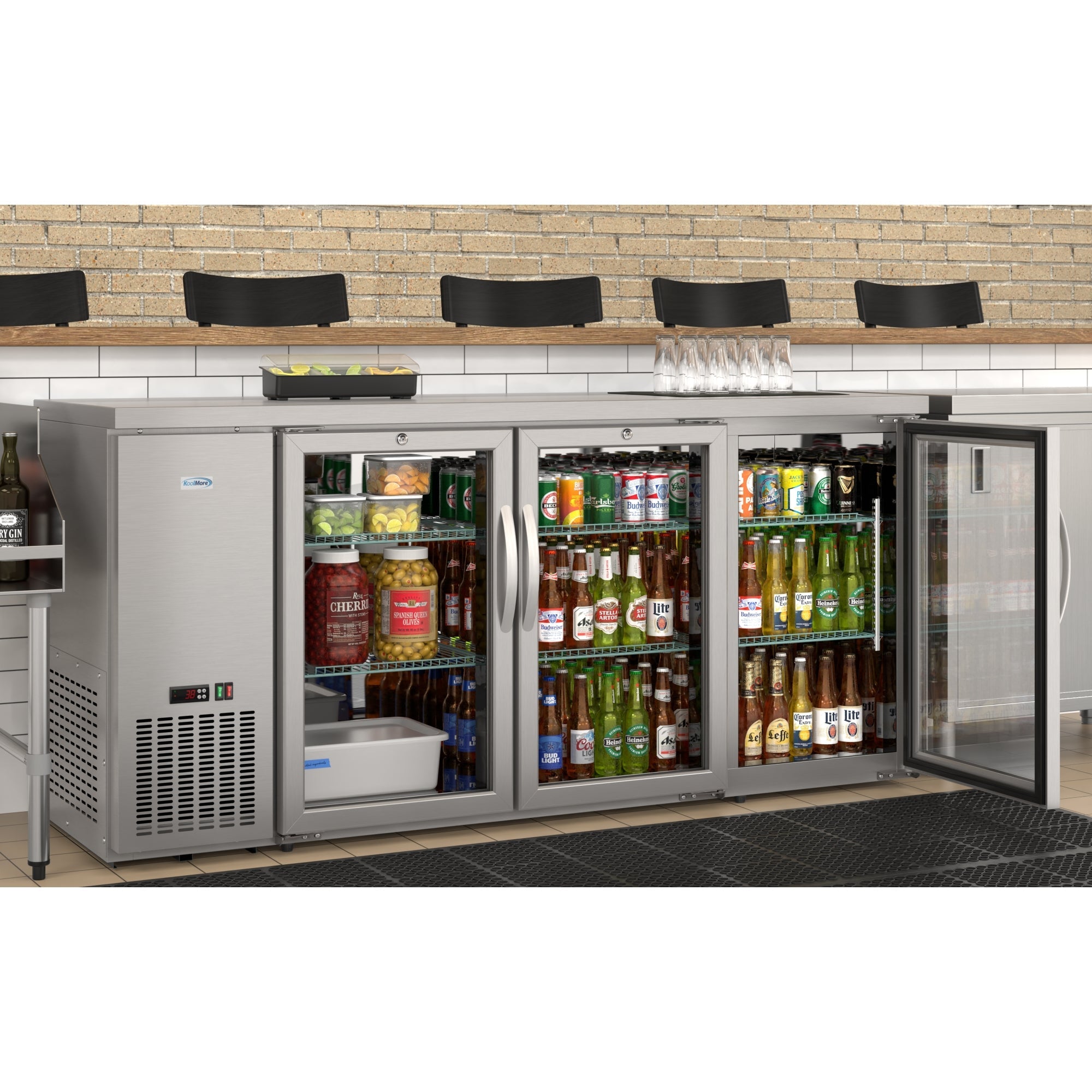 72 in. Commercial Three Glass Door Back Bar Cooler Refrigerator with Side Condenser and Compressor, LED Lighting, 18 Cu. Ft Capacity in Stainless-Steel