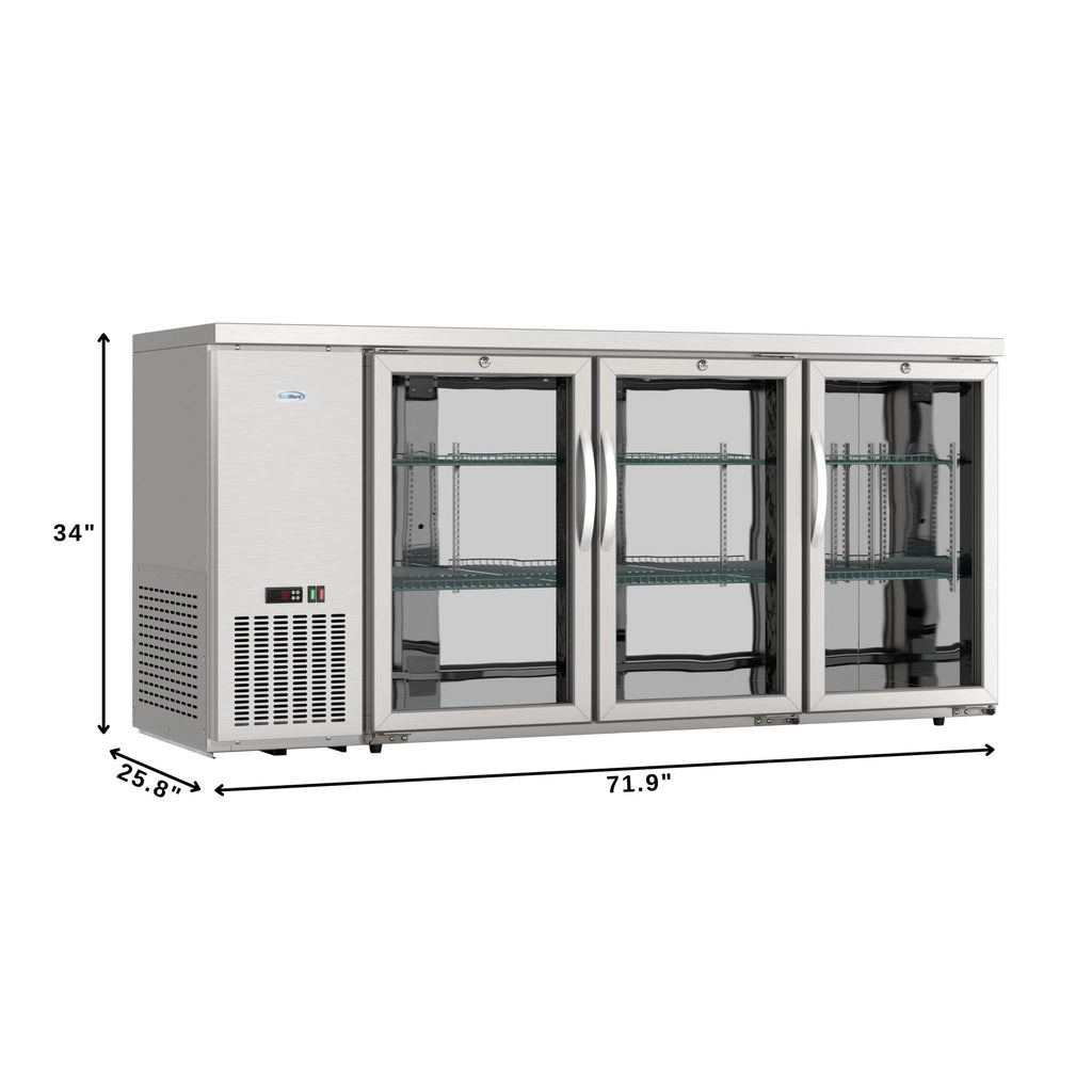 72 in. Commercial Three Glass Door Back Bar Cooler Refrigerator with Side Condenser and Compressor, LED Lighting, 18 Cu. Ft Capacity in Stainless-Steel