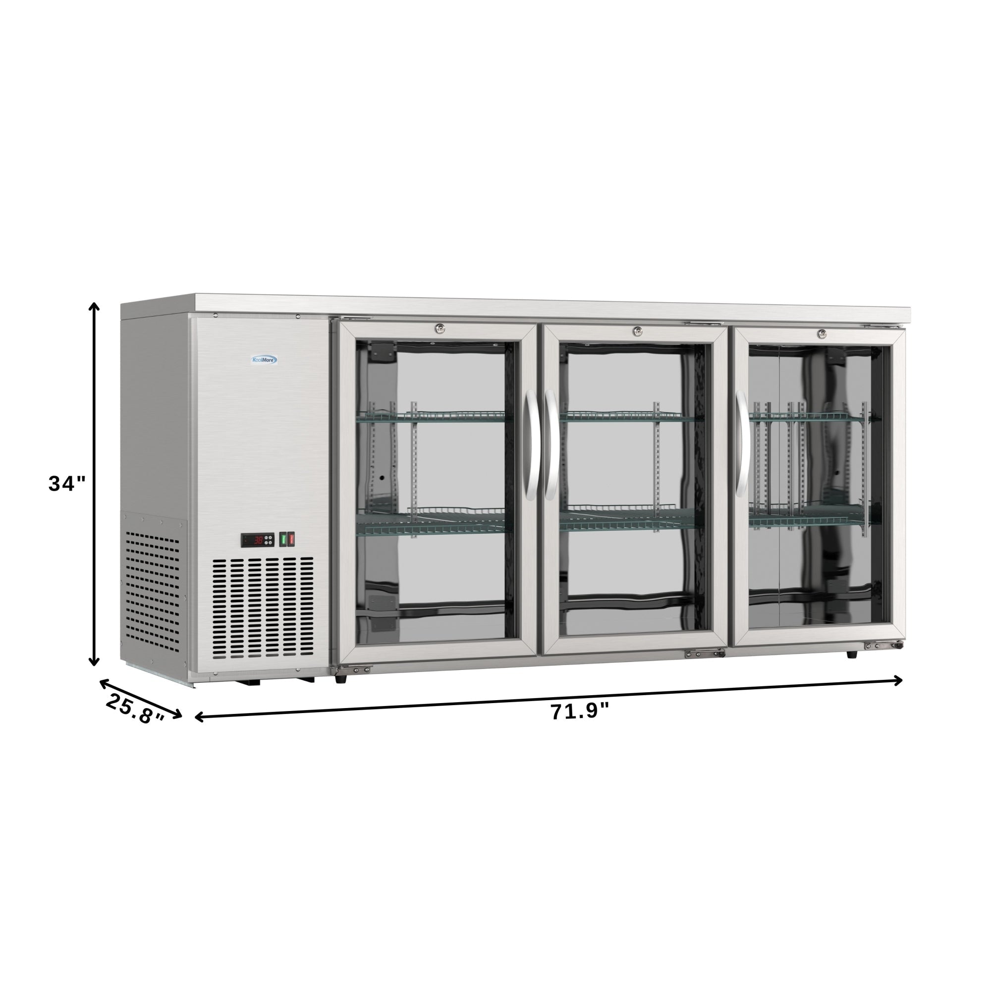 72 in. Commercial Three Glass Door Back Bar Cooler Refrigerator with Side Condenser and Compressor, LED Lighting, 18 Cu. Ft Capacity in Stainless-Steel