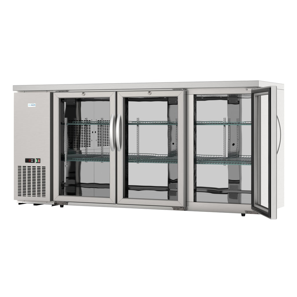 72 in. Commercial Three Glass Door Back Bar Cooler Refrigerator with Side Condenser and Compressor, LED Lighting, 18 Cu. Ft Capacity in Stainless-Steel