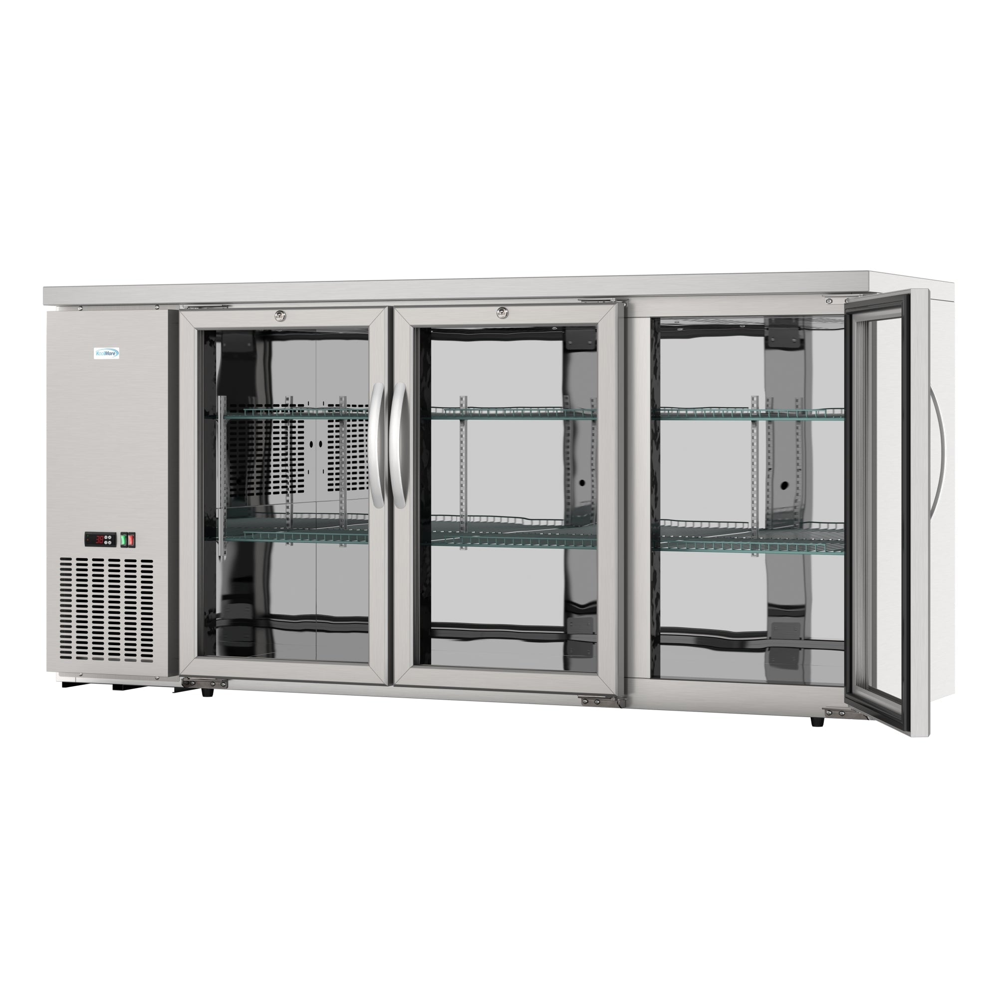 72 in. Commercial Three Glass Door Back Bar Cooler Refrigerator with Side Condenser and Compressor, LED Lighting, 18 Cu. Ft Capacity in Stainless-Steel