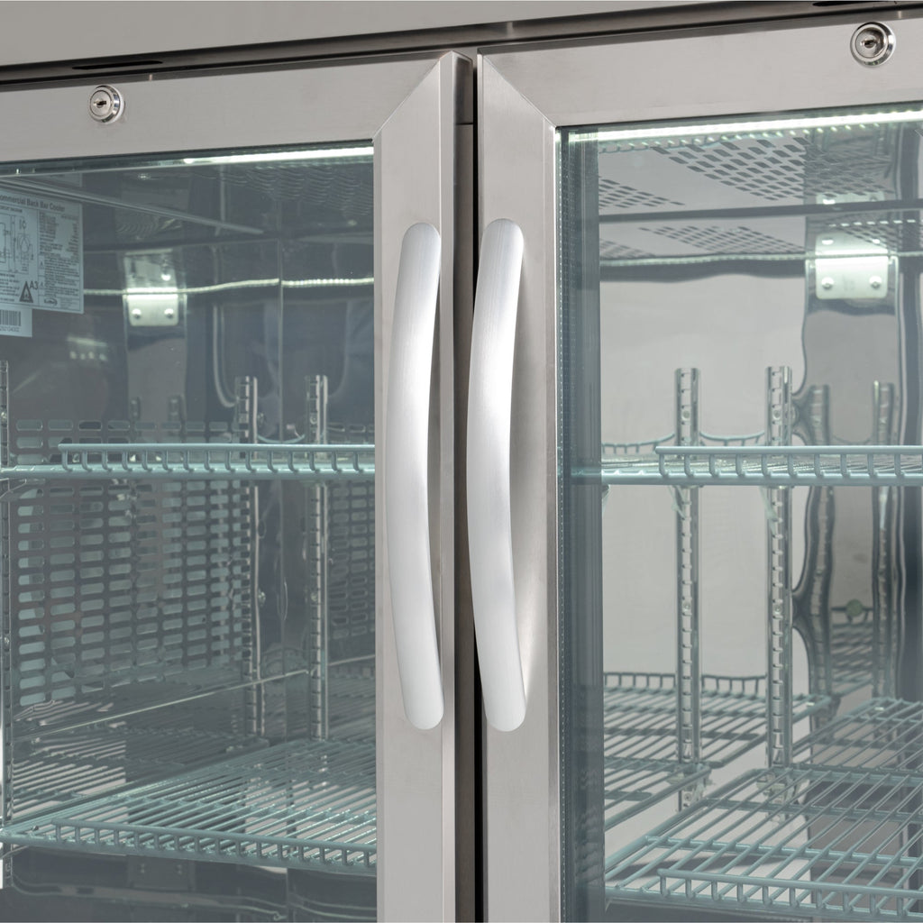 72 in. Commercial Three Glass Door Back Bar Cooler Refrigerator with Side Condenser and Compressor, LED Lighting, 18 Cu. Ft Capacity in Stainless-Steel