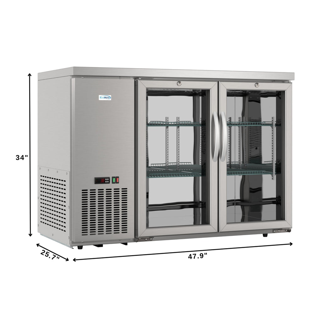47 in. Commercial Two Glass Door Back Bar Cooler Refrigerator with Side Condenser and Compressor, LED Lighting, 11 Cu. Ft Capacity in Stainless-Steel