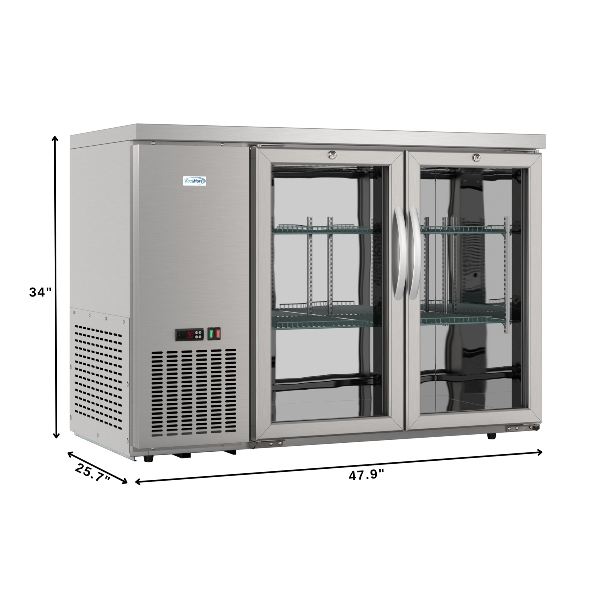 47 in. Commercial Two Glass Door Back Bar Cooler Refrigerator with Side Condenser and Compressor, LED Lighting, 11 Cu. Ft Capacity in Stainless-Steel