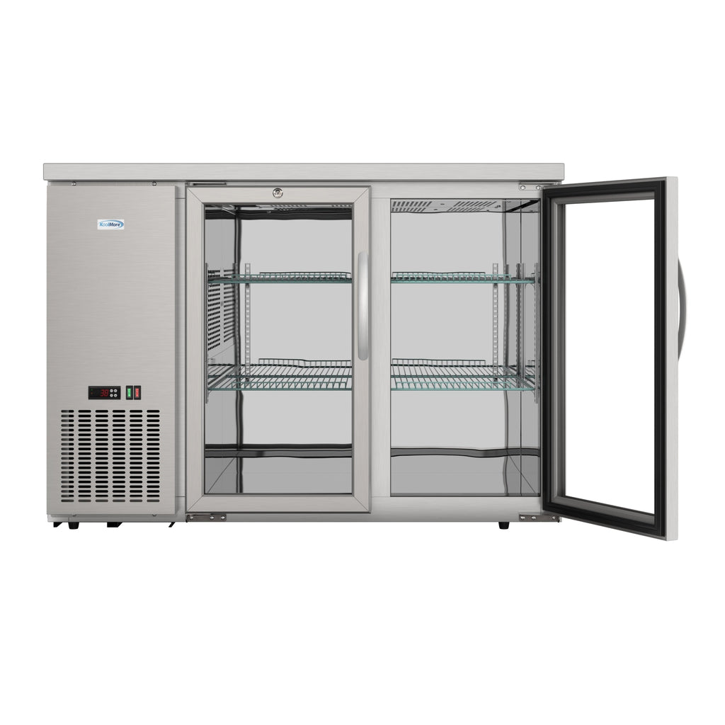 47 in. Commercial Two Glass Door Back Bar Cooler Refrigerator with Side Condenser and Compressor, LED Lighting, 11 Cu. Ft Capacity in Stainless-Steel