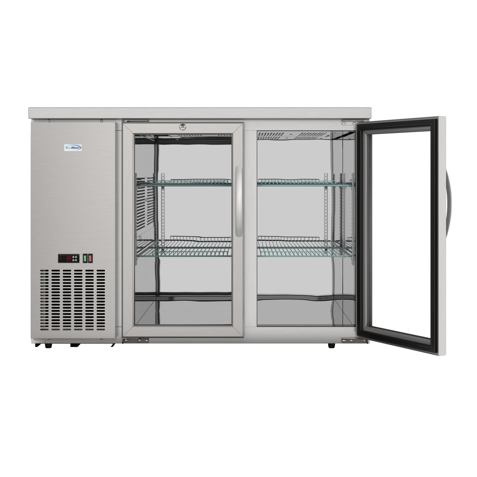 47 in. Commercial Two Glass Door Back Bar Cooler Refrigerator with Side Condenser and Compressor, LED Lighting, 11 Cu. Ft Capacity in Stainless-Steel
