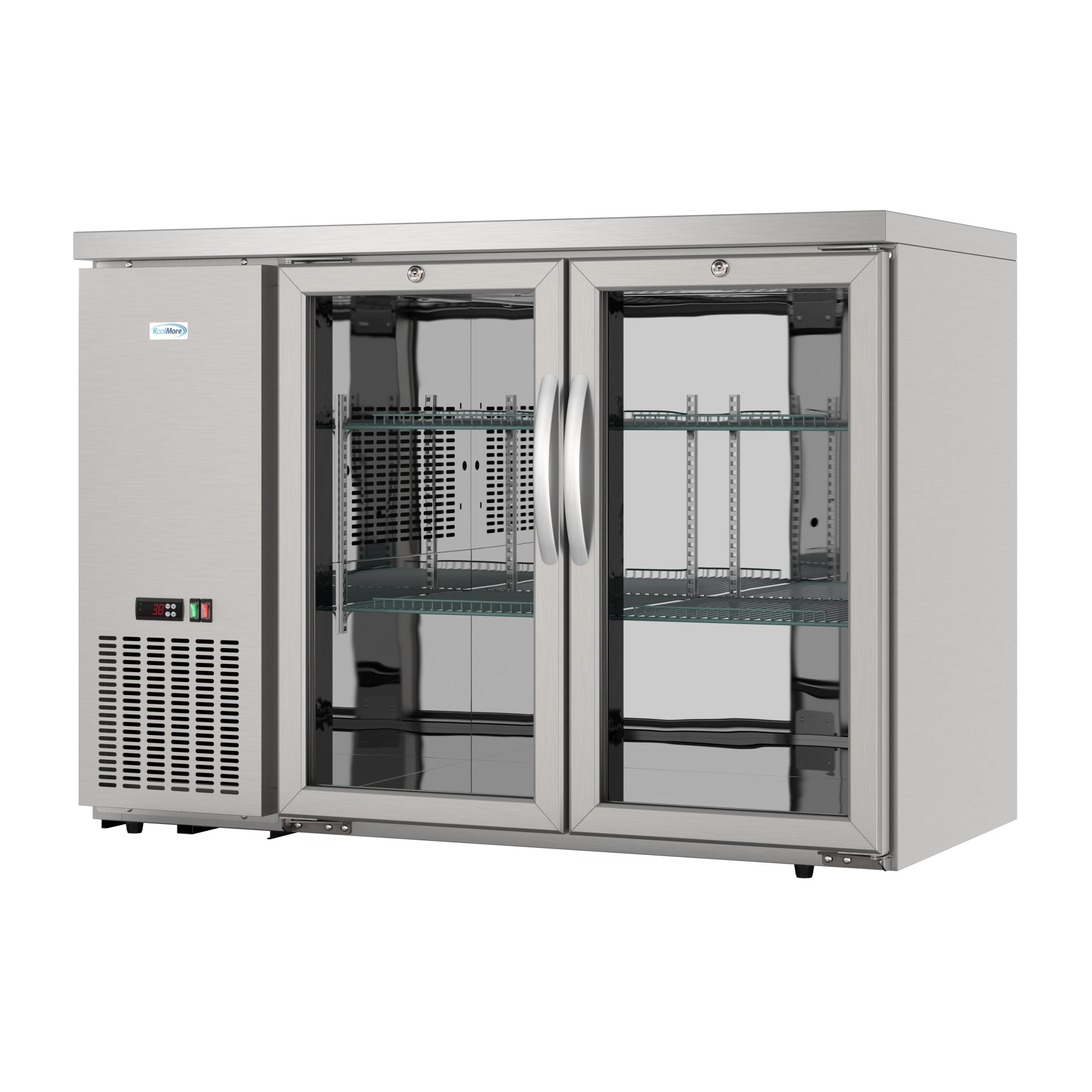 47 in. Commercial Two Glass Door Back Bar Cooler Refrigerator with Side Condenser and Compressor, LED Lighting, 11 Cu. Ft Capacity in Stainless-Steel