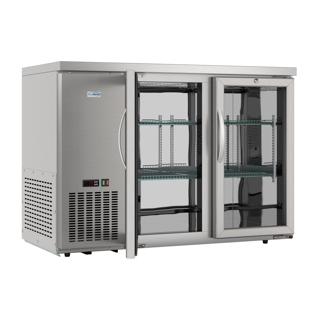 47 in. Commercial Two Glass Door Back Bar Cooler Refrigerator with Side Condenser and Compressor, LED Lighting, 11 Cu. Ft Capacity in Stainless-Steel