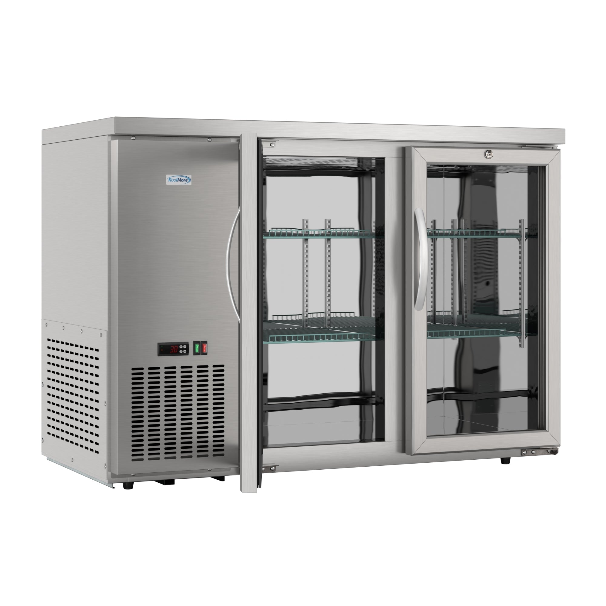 47 in. Commercial Two Glass Door Back Bar Cooler Refrigerator with Side Condenser and Compressor, LED Lighting, 11 Cu. Ft Capacity in Stainless-Steel