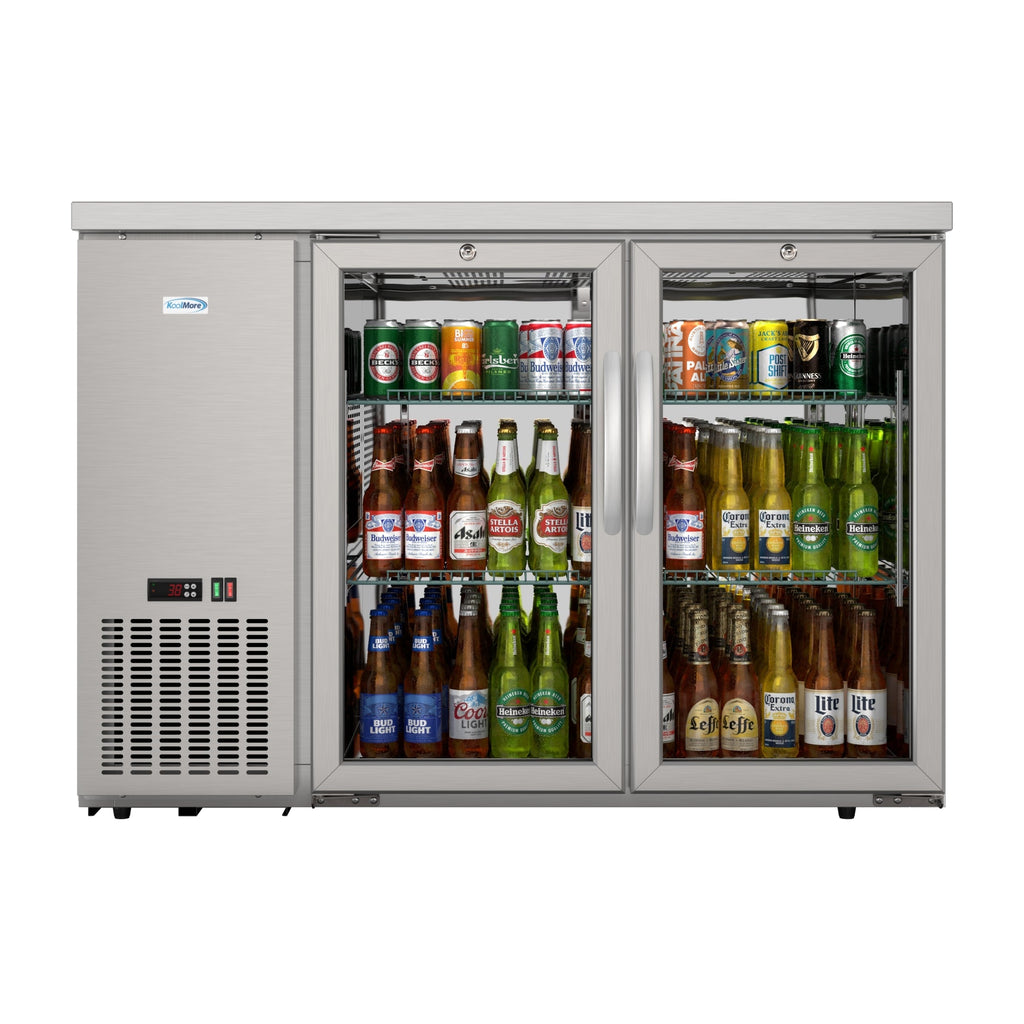 47 in. Commercial Two Glass Door Back Bar Cooler Refrigerator with Side Condenser and Compressor, LED Lighting, 11 Cu. Ft Capacity in Stainless-Steel