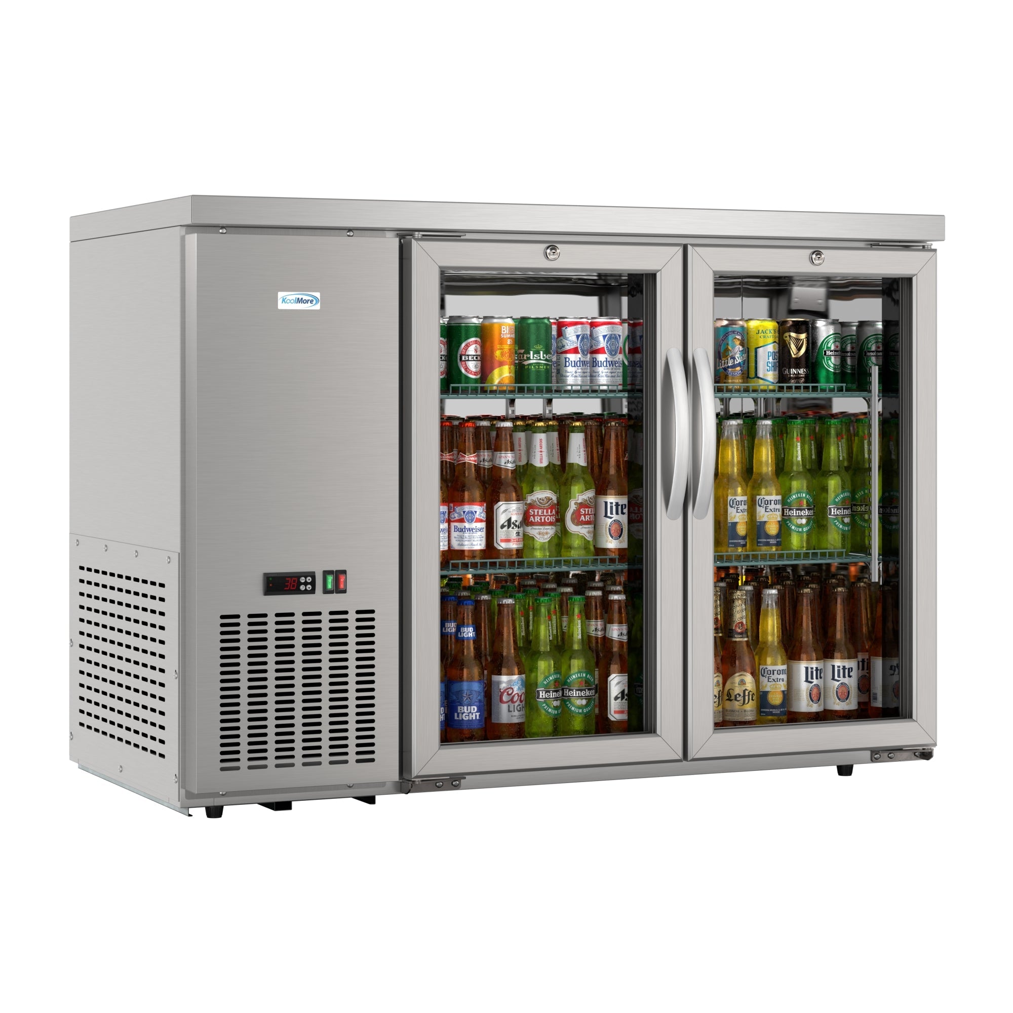 47 in. Commercial Two Glass Door Back Bar Cooler Refrigerator with Side Condenser and Compressor, LED Lighting, 11 Cu. Ft Capacity in Stainless-Steel
