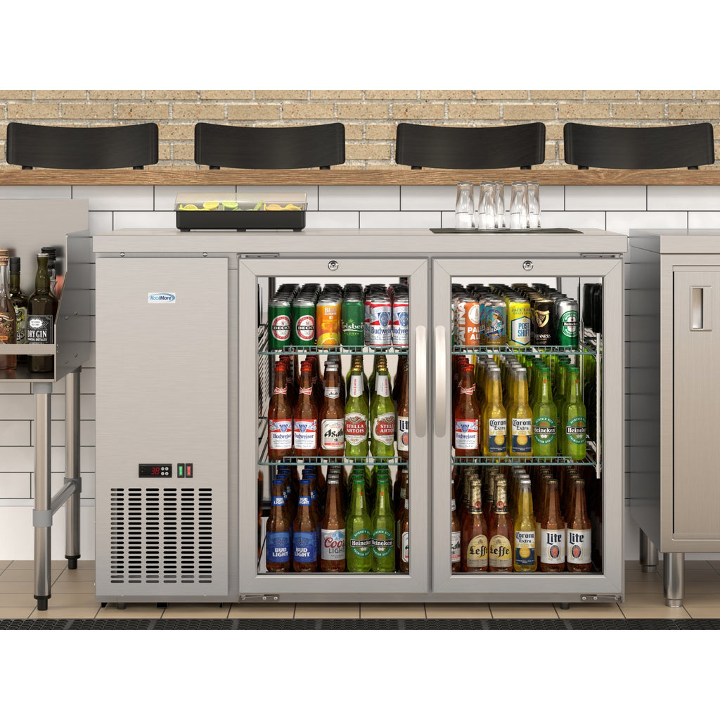 47 in. Commercial Two Glass Door Back Bar Cooler Refrigerator with Side Condenser and Compressor, LED Lighting, 11 Cu. Ft Capacity in Stainless-Steel