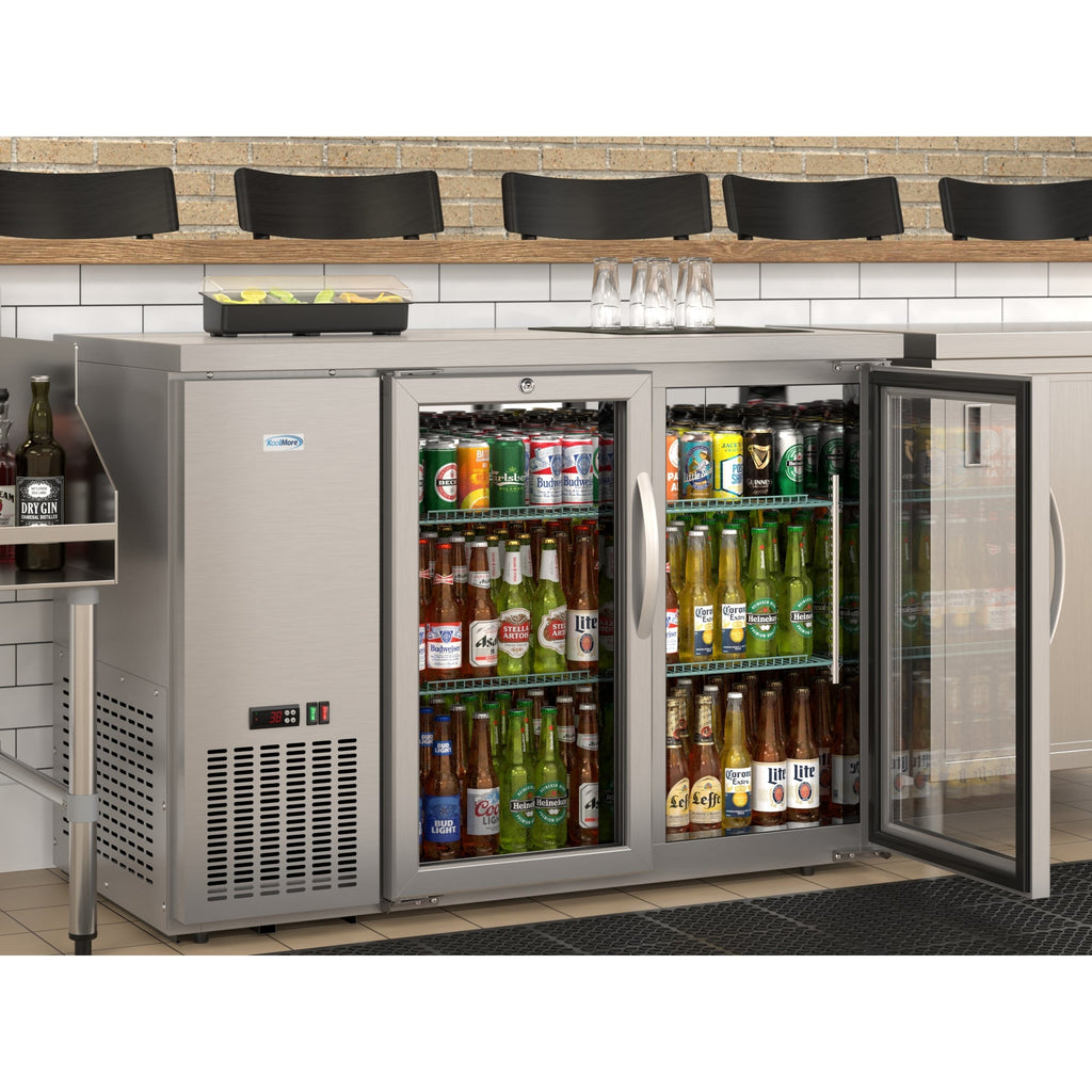 47 in. Commercial Two Glass Door Back Bar Cooler Refrigerator with Side Condenser and Compressor, LED Lighting, 11 Cu. Ft Capacity in Stainless-Steel