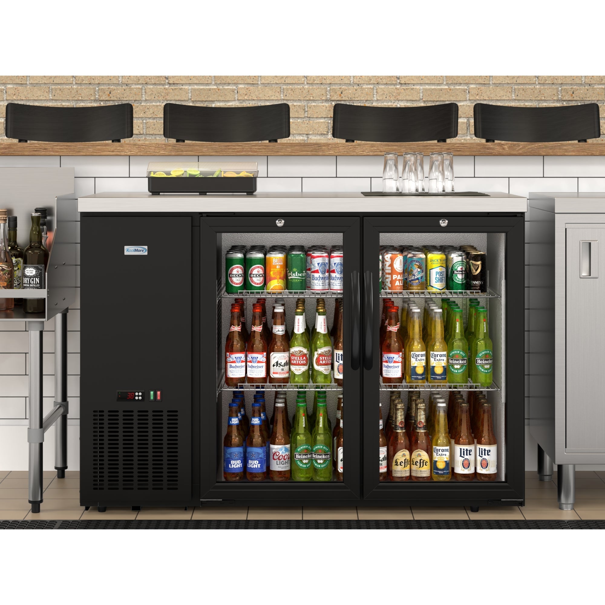 47 in. Commercial Two Glass Door Back Bar Cooler Refrigerator with Side Condenser and Compressor, LED Lighting, 11 Cu. Ft Capacity in Black