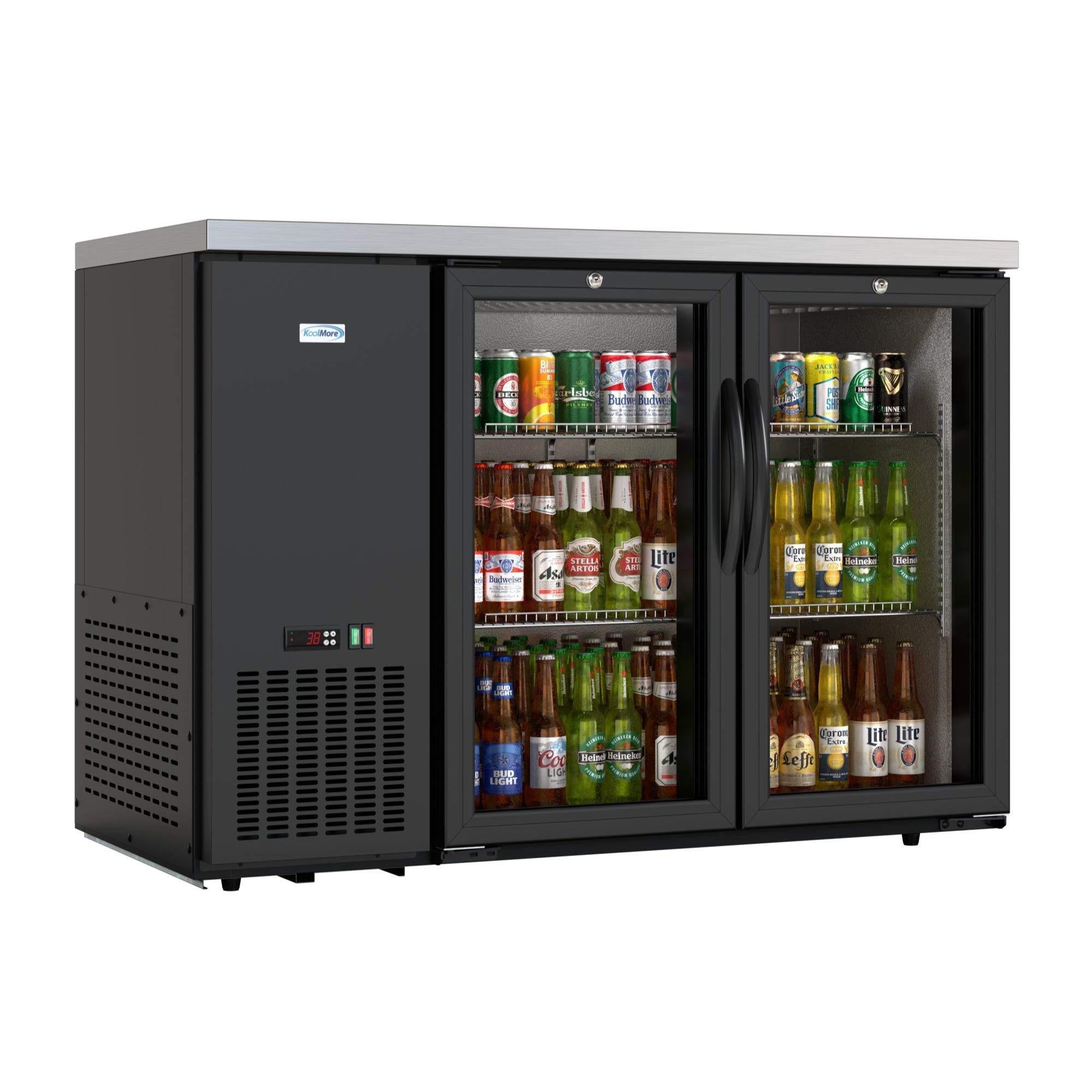 47 in. Commercial Two Glass Door Back Bar Cooler Refrigerator with Side Condenser and Compressor, LED Lighting, 11 Cu. Ft Capacity in Black