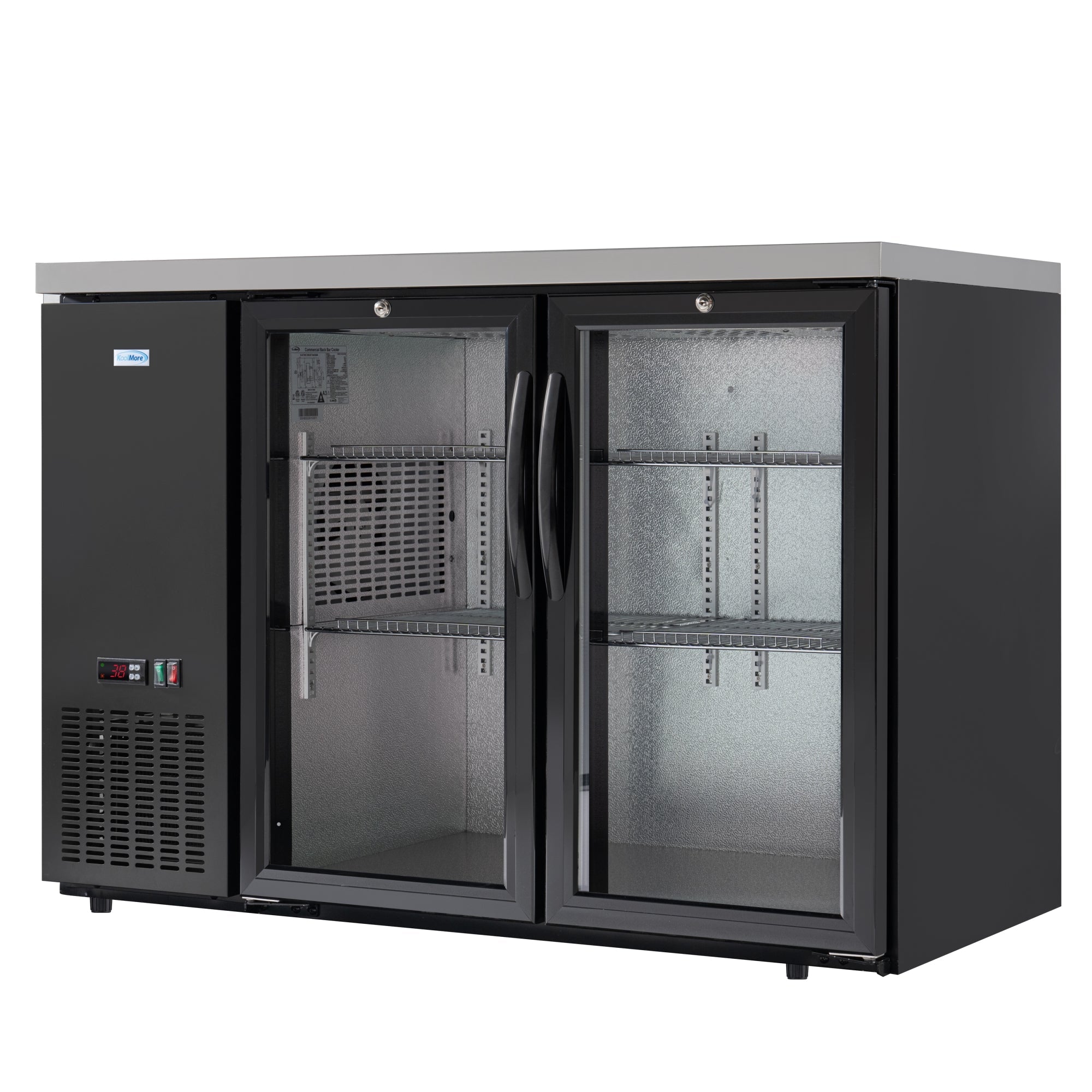 47 in. Commercial Two Glass Door Back Bar Cooler Refrigerator with Side Condenser and Compressor, LED Lighting, 11 Cu. Ft Capacity in Black