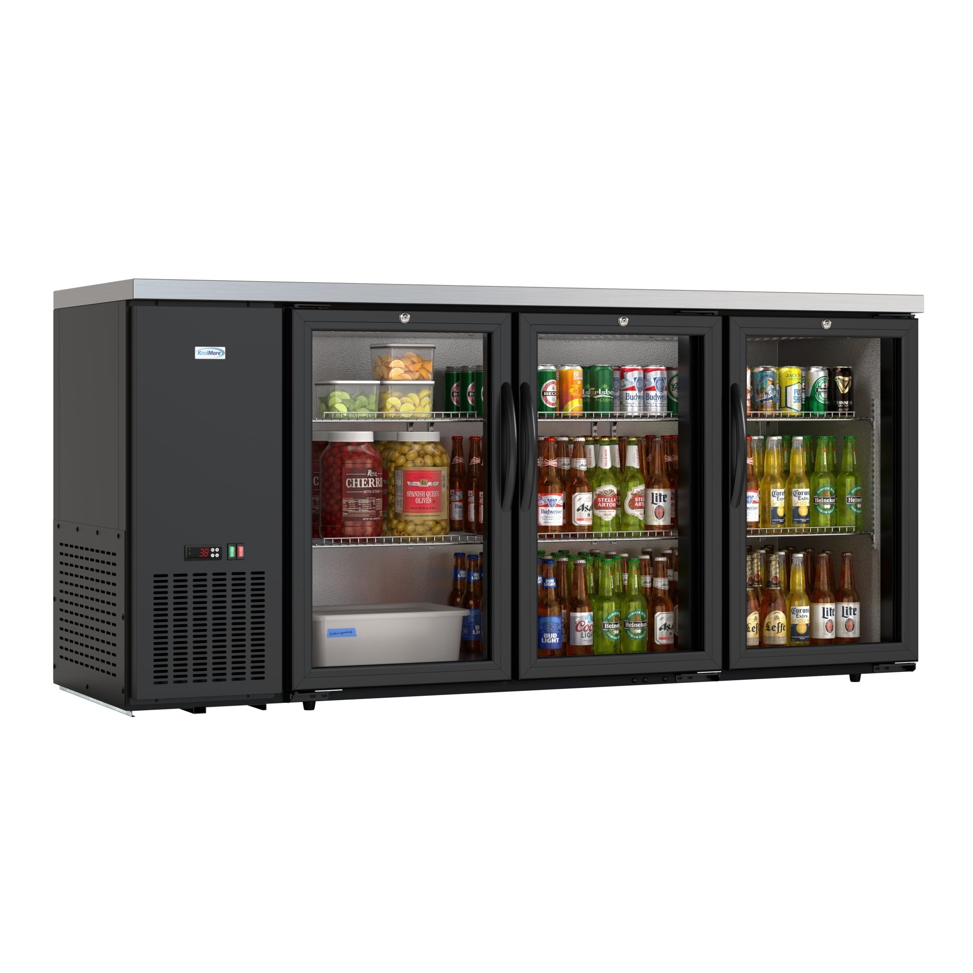 72 in. Commercial Three Glass Door Back Bar Cooler Refrigerator with Side Condenser and Compressor, LED Lighting, 18 Cu. Ft Capacity in Black
