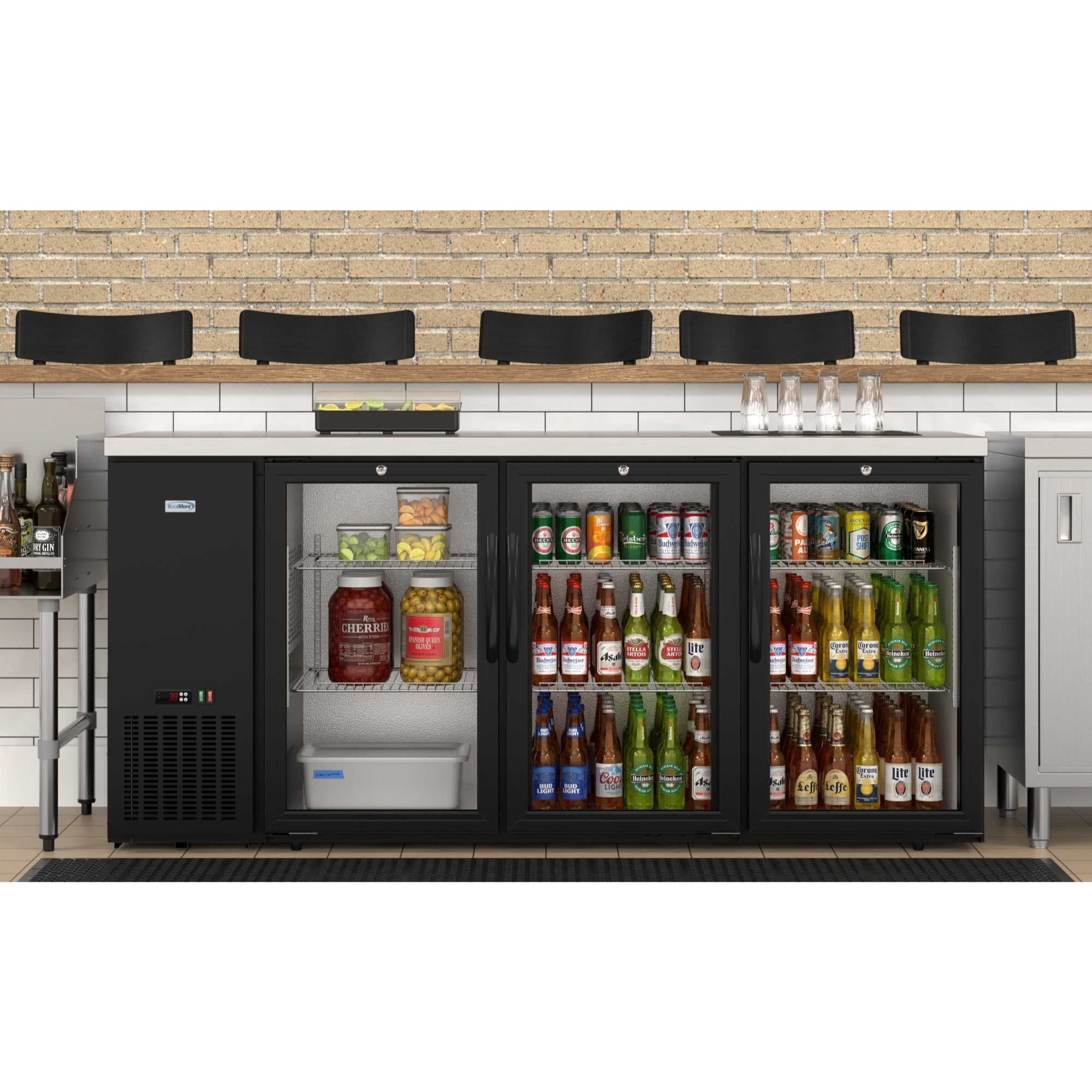 72 in. Commercial Three Glass Door Back Bar Cooler Refrigerator with Side Condenser and Compressor, LED Lighting, 18 Cu. Ft Capacity in Black