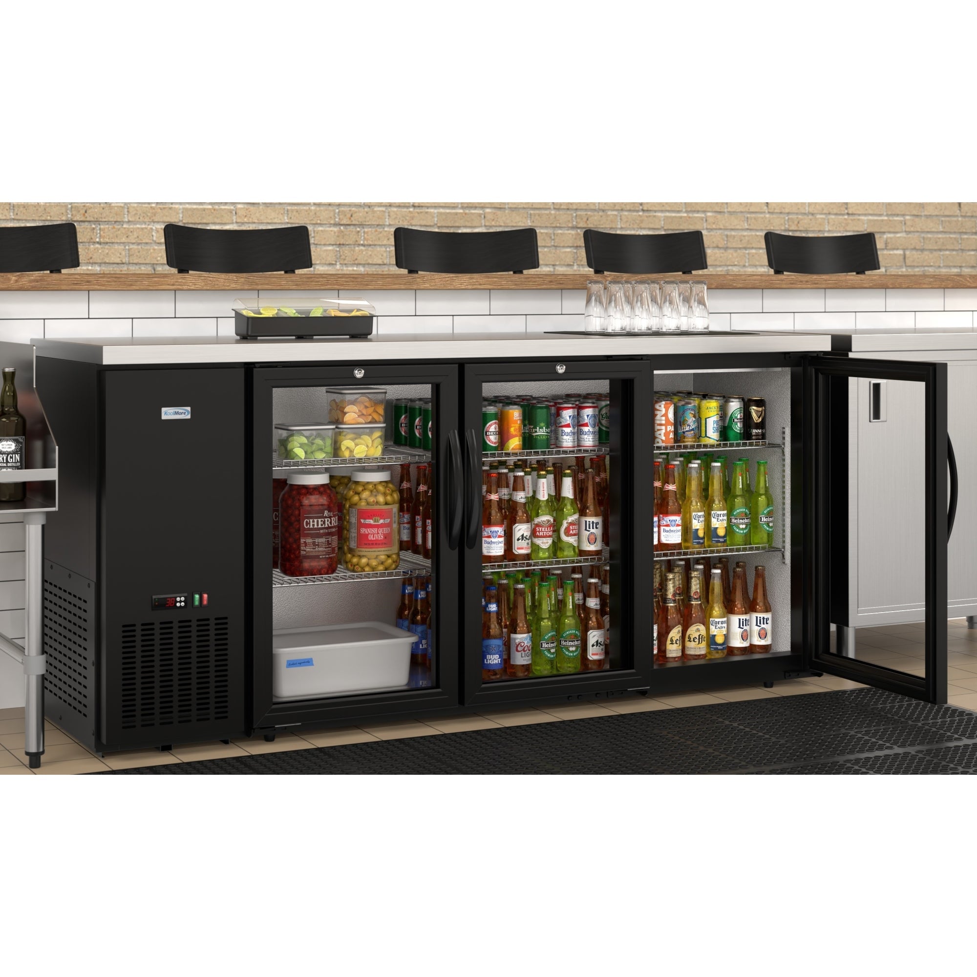 72 in. Commercial Three Glass Door Back Bar Cooler Refrigerator with Side Condenser and Compressor, LED Lighting, 18 Cu. Ft Capacity in Black