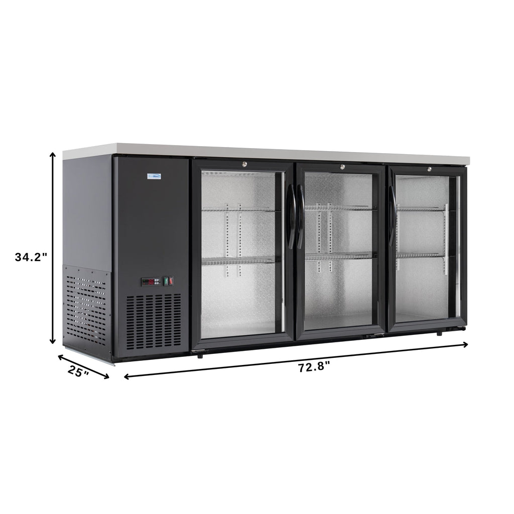 72 in. Commercial Three Glass Door Back Bar Cooler Refrigerator with Side Condenser and Compressor, LED Lighting, 18 Cu. Ft Capacity in Black