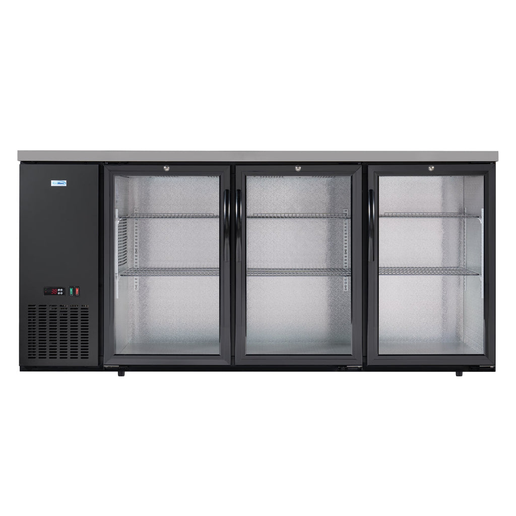 72 in. Commercial Three Glass Door Back Bar Cooler Refrigerator with Side Condenser and Compressor, LED Lighting, 18 Cu. Ft Capacity in Black