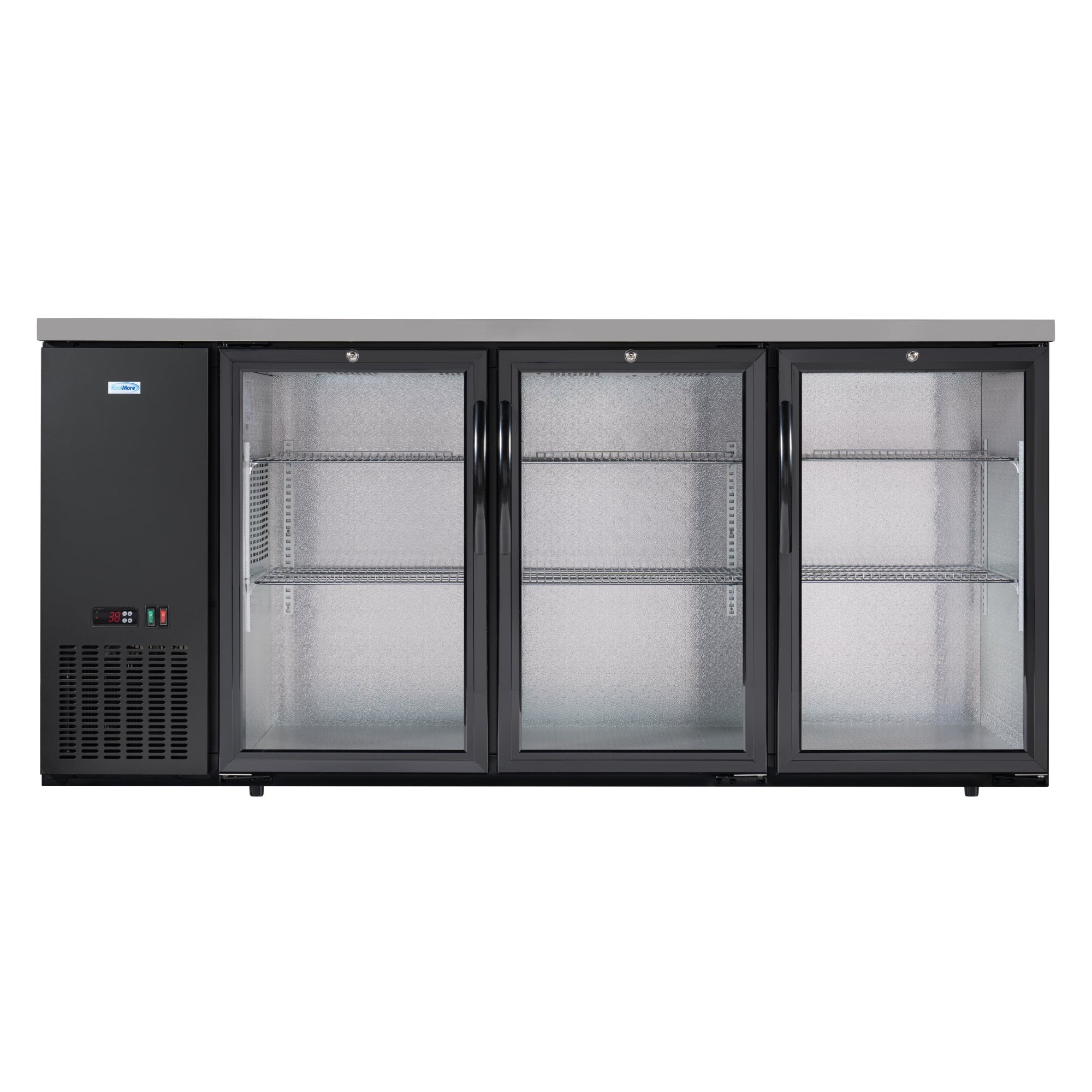 72 in. Commercial Three Glass Door Back Bar Cooler Refrigerator with Side Condenser and Compressor, LED Lighting, 18 Cu. Ft Capacity in Black