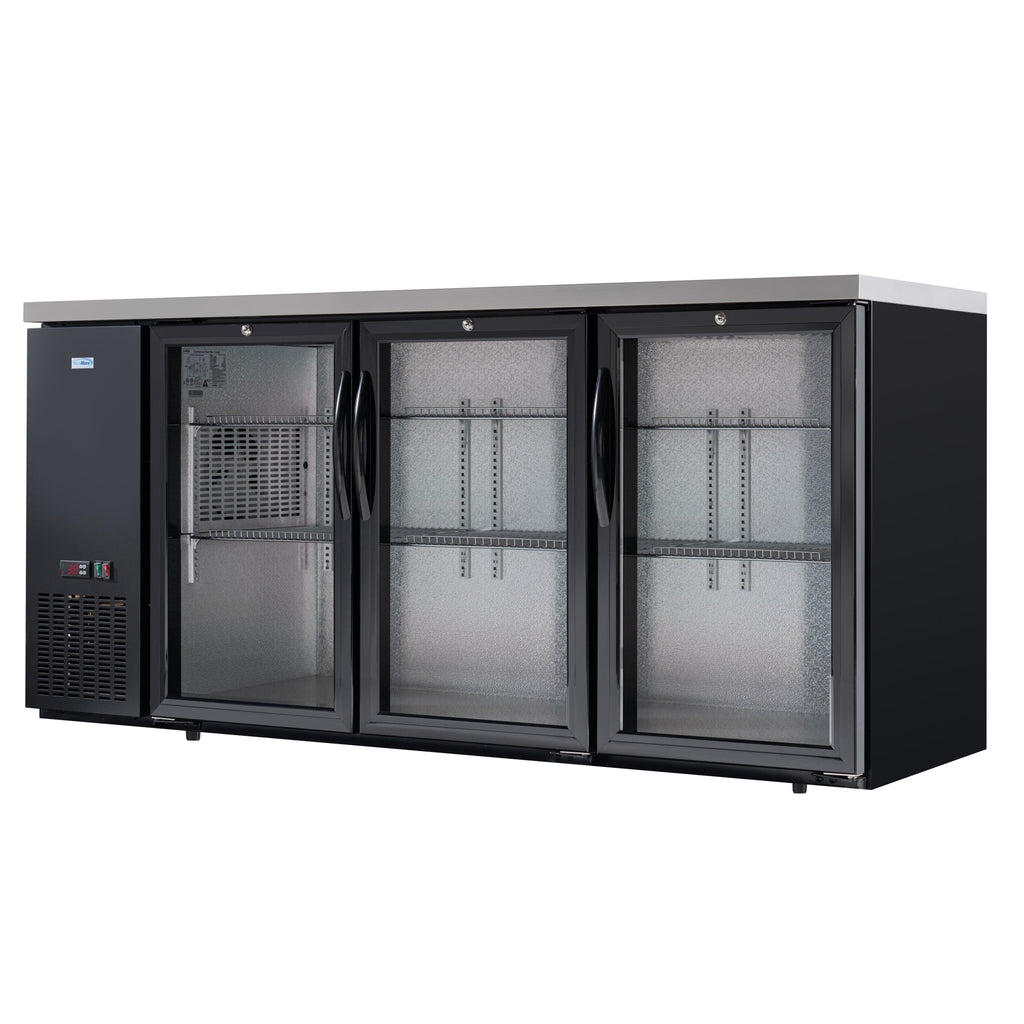 72 in. Commercial Three Glass Door Back Bar Cooler Refrigerator with Side Condenser and Compressor, LED Lighting, 18 Cu. Ft Capacity in Black