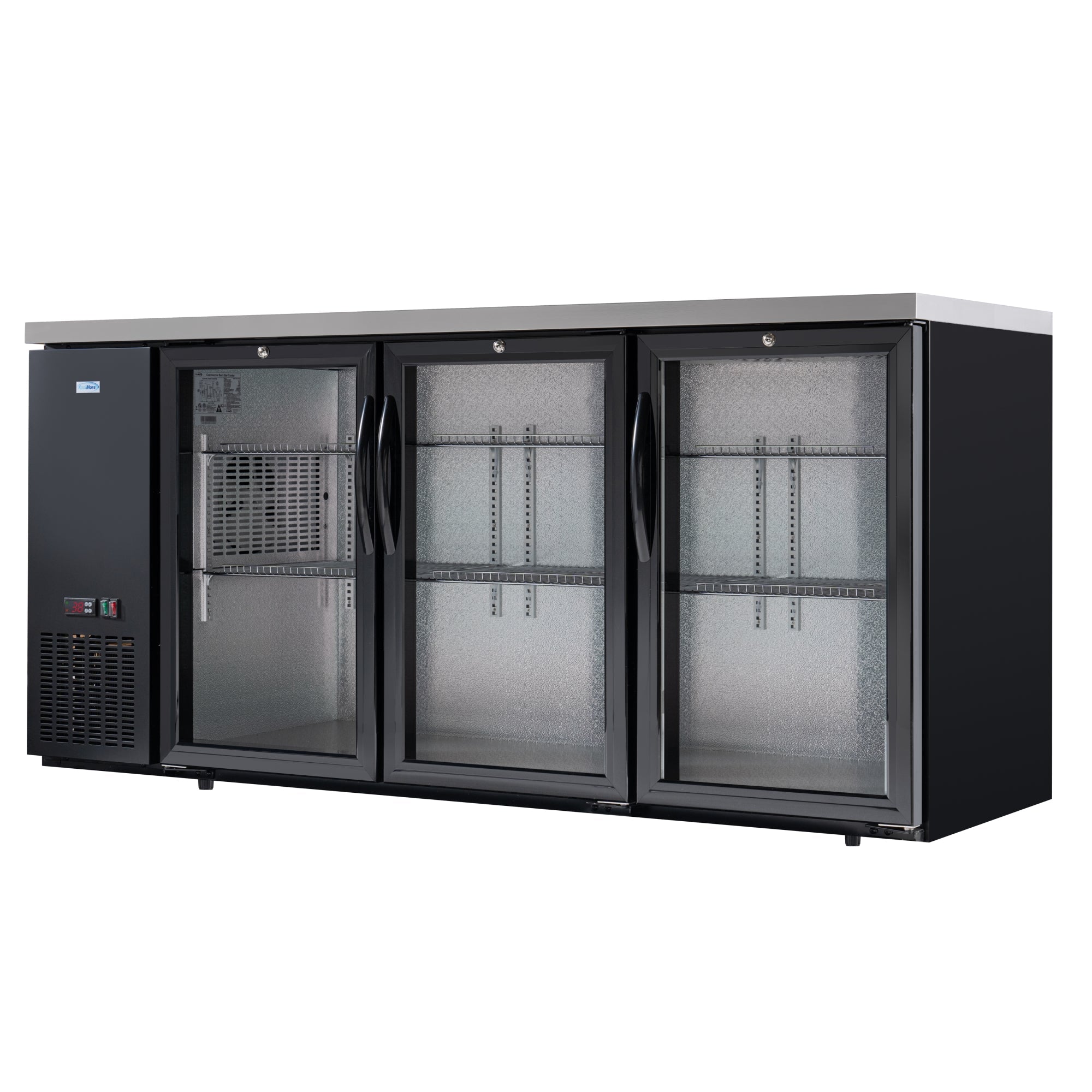 72 in. Commercial Three Glass Door Back Bar Cooler Refrigerator with Side Condenser and Compressor, LED Lighting, 18 Cu. Ft Capacity in Black