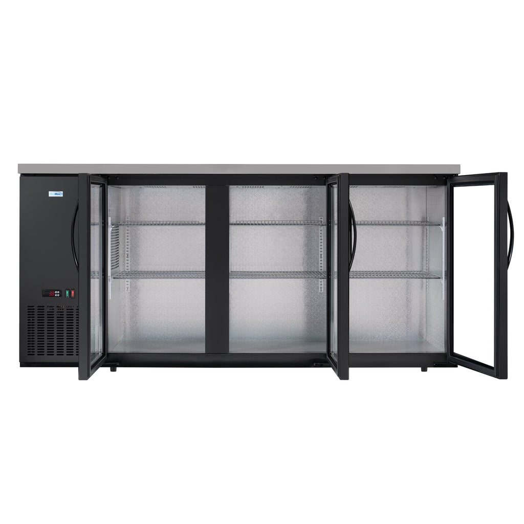 72 in. Commercial Three Glass Door Back Bar Cooler Refrigerator with Side Condenser and Compressor, LED Lighting, 18 Cu. Ft Capacity in Black