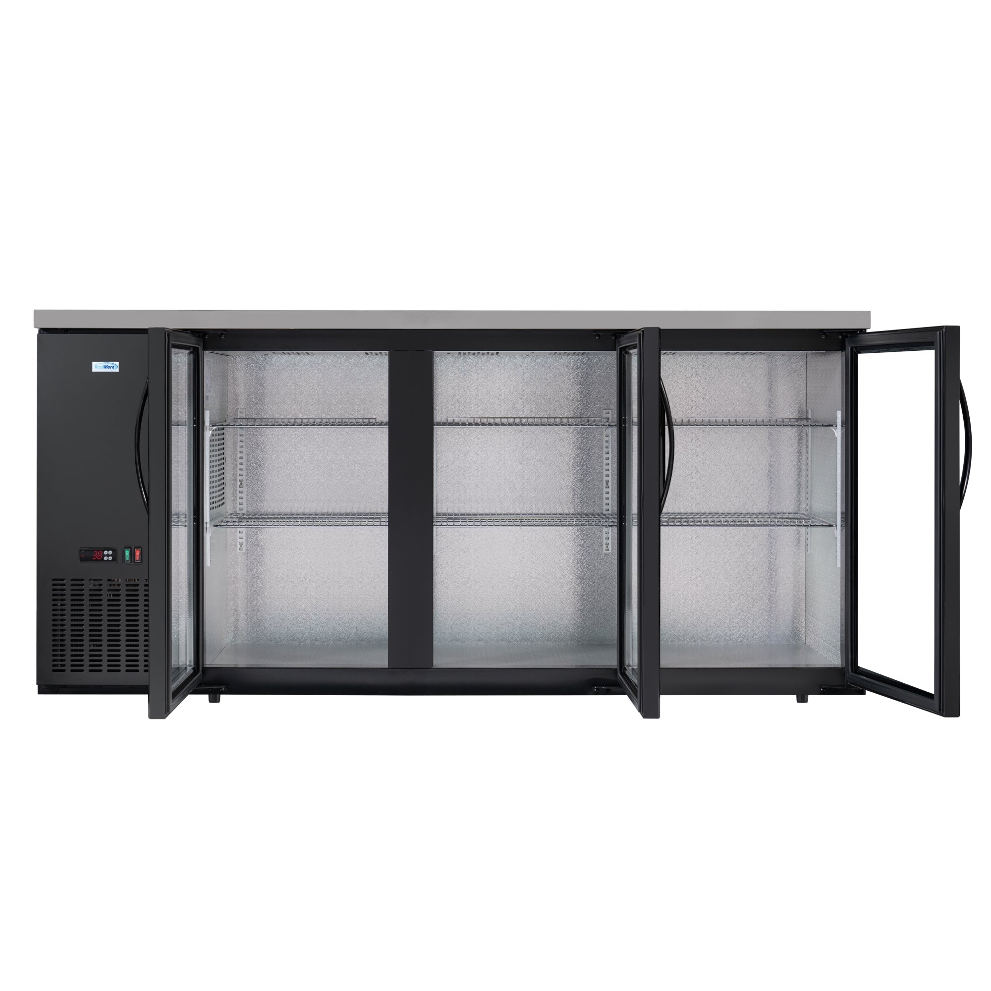 72 in. Commercial Three Glass Door Back Bar Cooler Refrigerator with Side Condenser and Compressor, LED Lighting, 18 Cu. Ft Capacity in Black