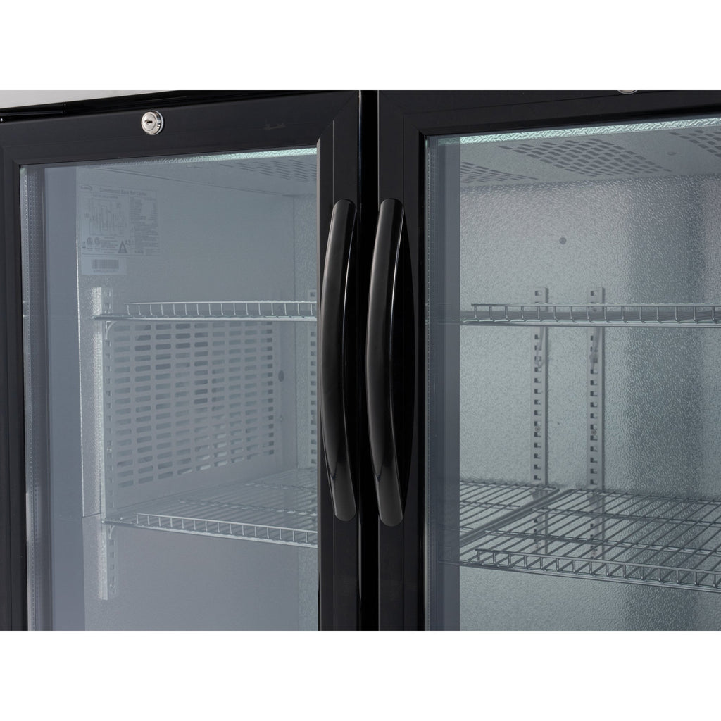 72 in. Commercial Three Glass Door Back Bar Cooler Refrigerator with Side Condenser and Compressor, LED Lighting, 18 Cu. Ft Capacity in Black