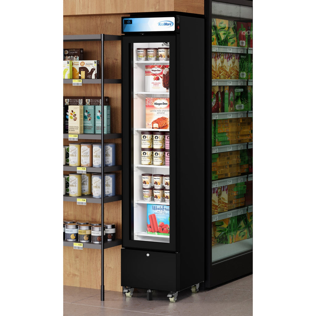 17 in. Slim Commercial Merchandiser Freezer with Manual Defrost, 6.5 Cu. Ft. Capacity, ETL Listed in Black - Wrap