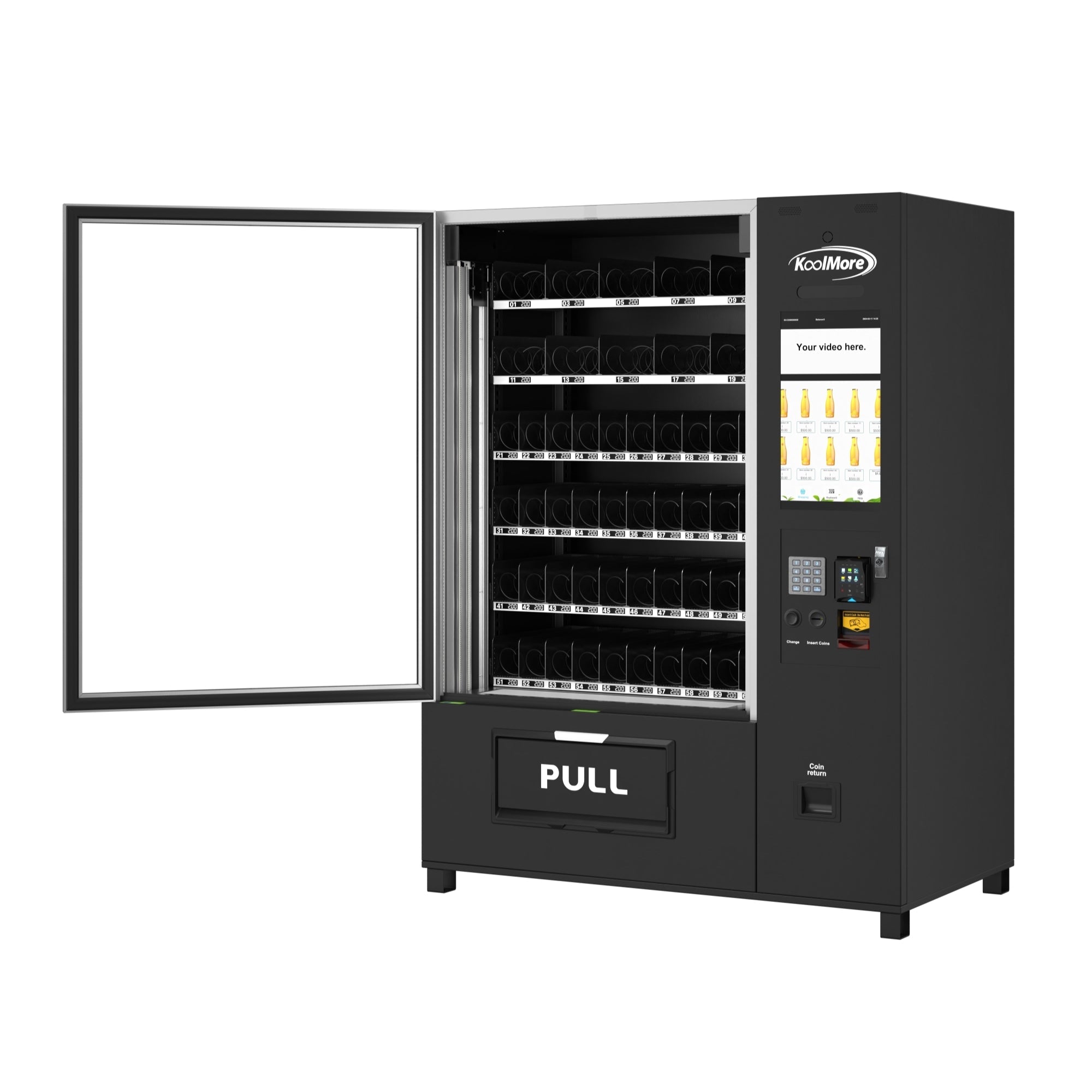 Snack Vending Machine with 21.5 Inch Touch Display, 66 Slots and Elevator-Lift Dispensing System, Refrigerated, Bill Acceptor and Credit Card Reader, Wifi and 4G Connectivity in Black