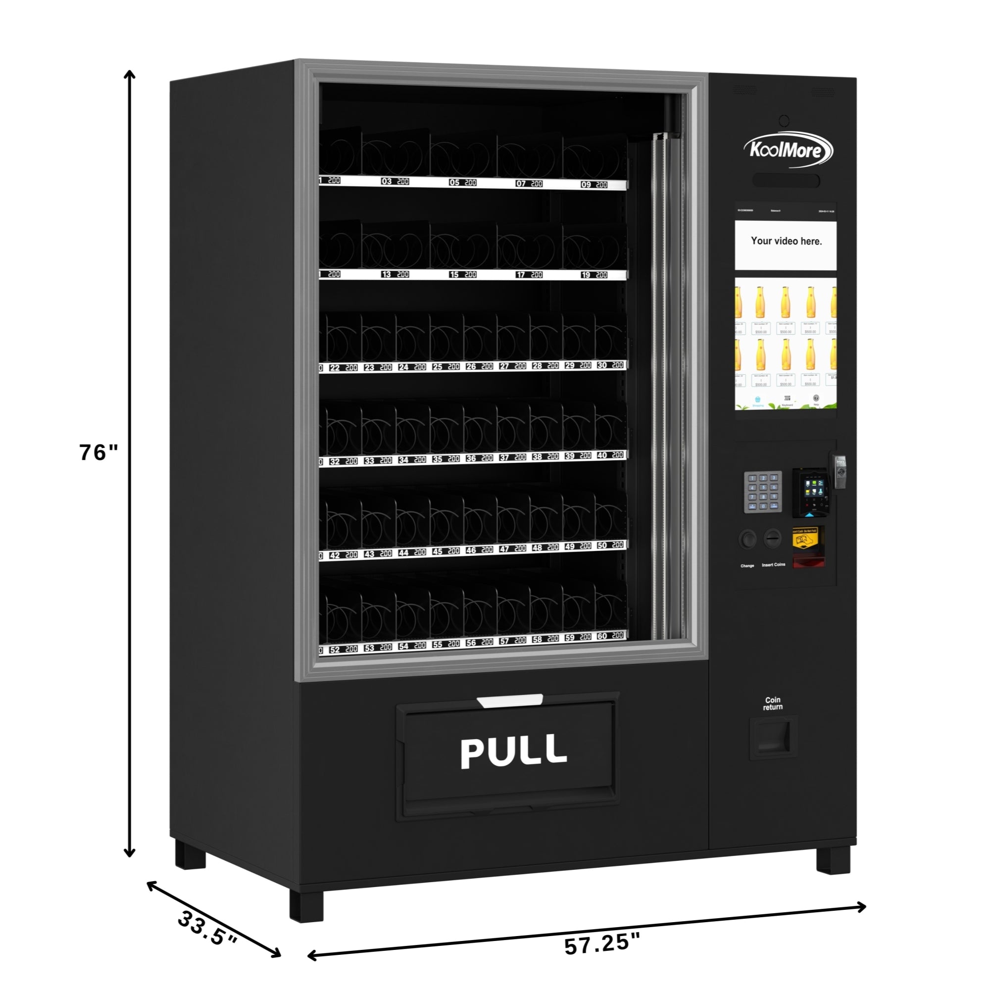 Snack Vending Machine with 21.5 Inch Touch Display, 66 Slots and Elevator-Lift Dispensing System, Refrigerated, Bill Acceptor and Credit Card Reader, Wifi and 4G Connectivity in Black - Wrap