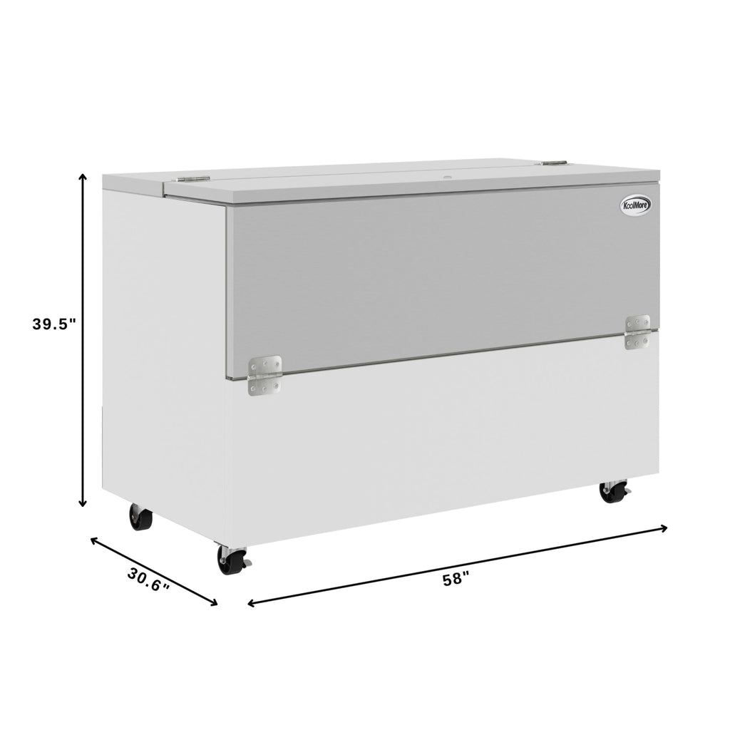 58 in. Commercial Milk Cooler for School and Cafeteria, 16 Crate Capacity with Heavy Duty Casters in Stainless Steel and White