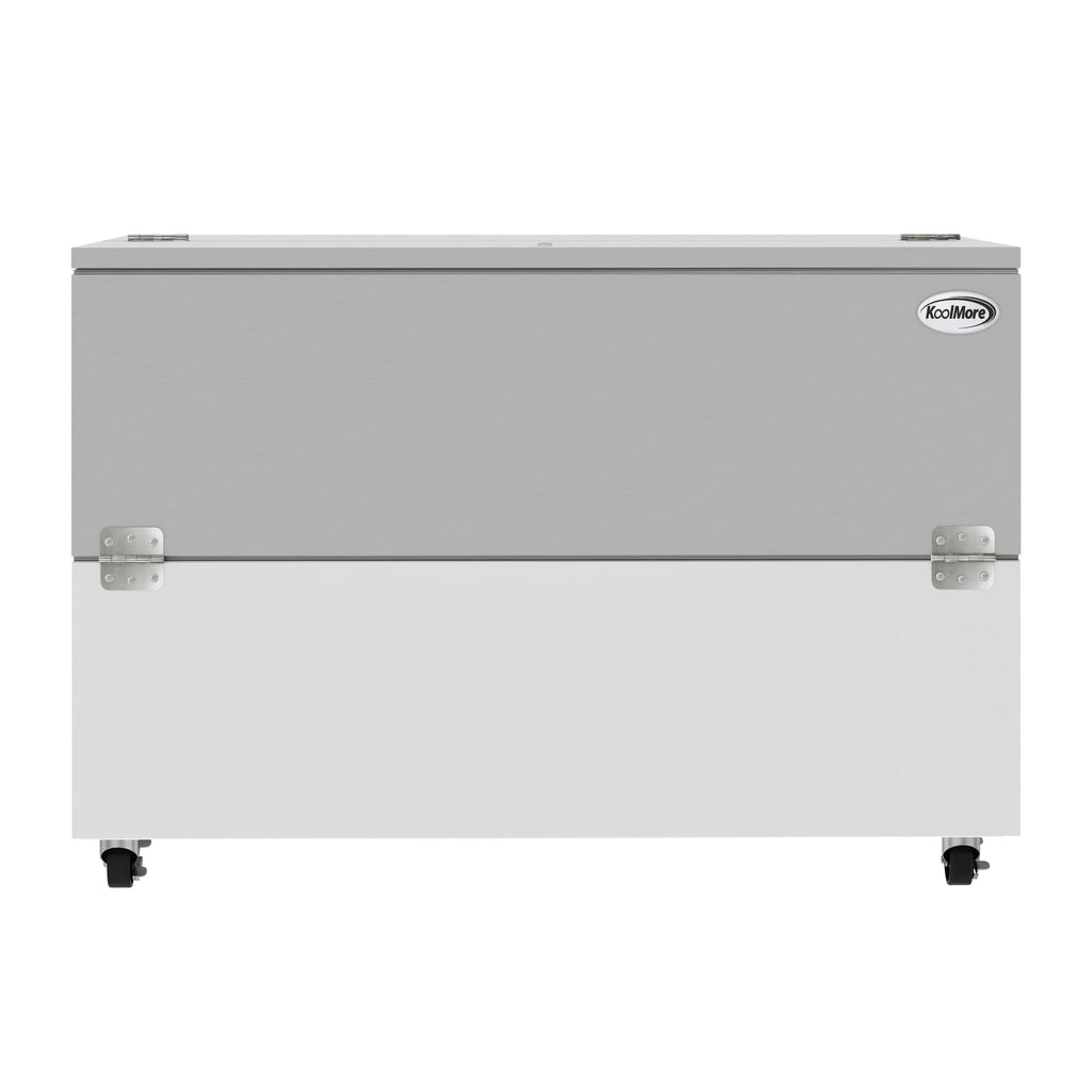 58 in. Commercial Milk Cooler for School and Cafeteria, 16 Crate Capacity with Heavy Duty Casters in Stainless Steel and White