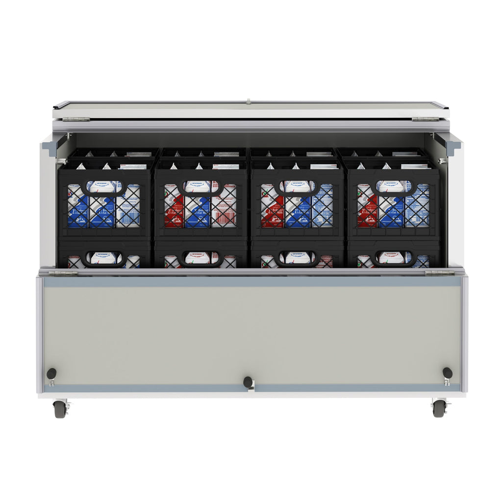 58 in. Commercial Milk Cooler for School and Cafeteria, 16 Crate Capacity with Heavy Duty Casters in Stainless Steel and White