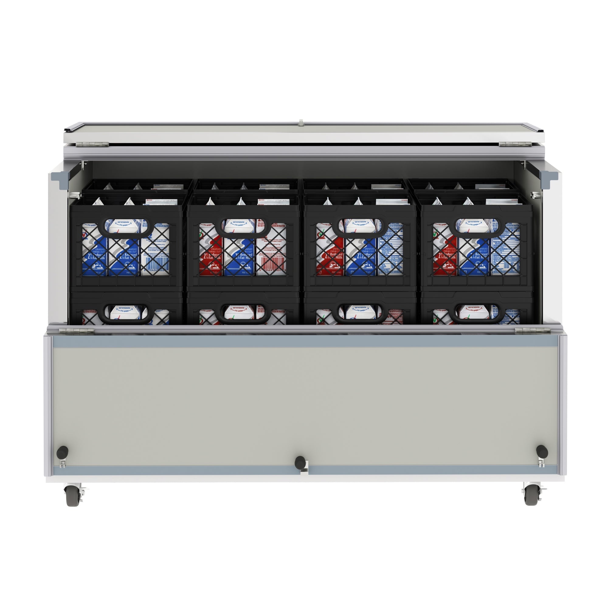 58 in. Commercial Milk Cooler for School and Cafeteria, 16 Crate Capacity with Heavy Duty Casters in Stainless Steel and White