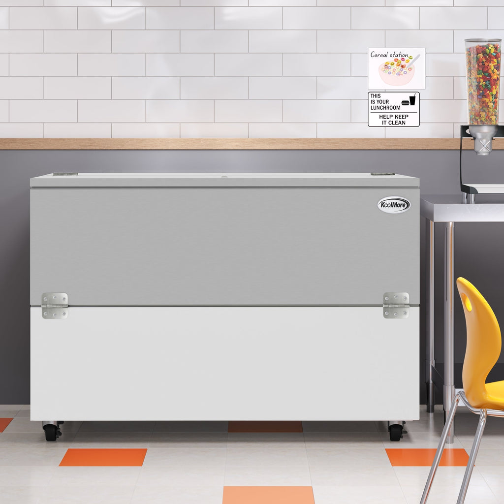 58 in. Commercial Milk Cooler for School and Cafeteria, 16 Crate Capacity with Heavy Duty Casters in Stainless Steel and White