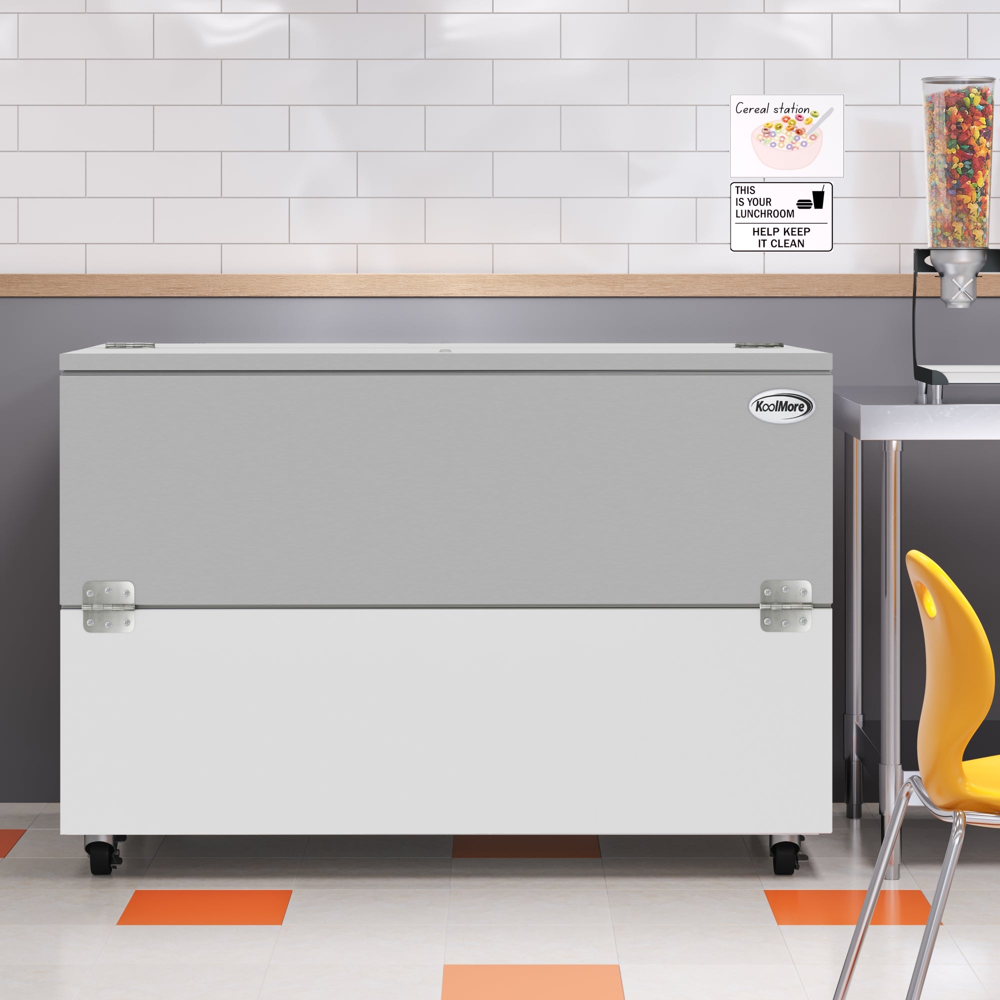58 in. Commercial Milk Cooler for School and Cafeteria, 16 Crate Capacity with Heavy Duty Casters in Stainless Steel and White