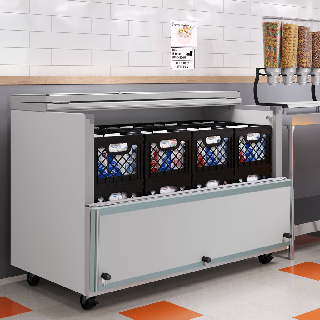 58 in. Commercial Milk Cooler for School and Cafeteria, 16 Crate Capacity with Heavy Duty Casters in Stainless Steel and White