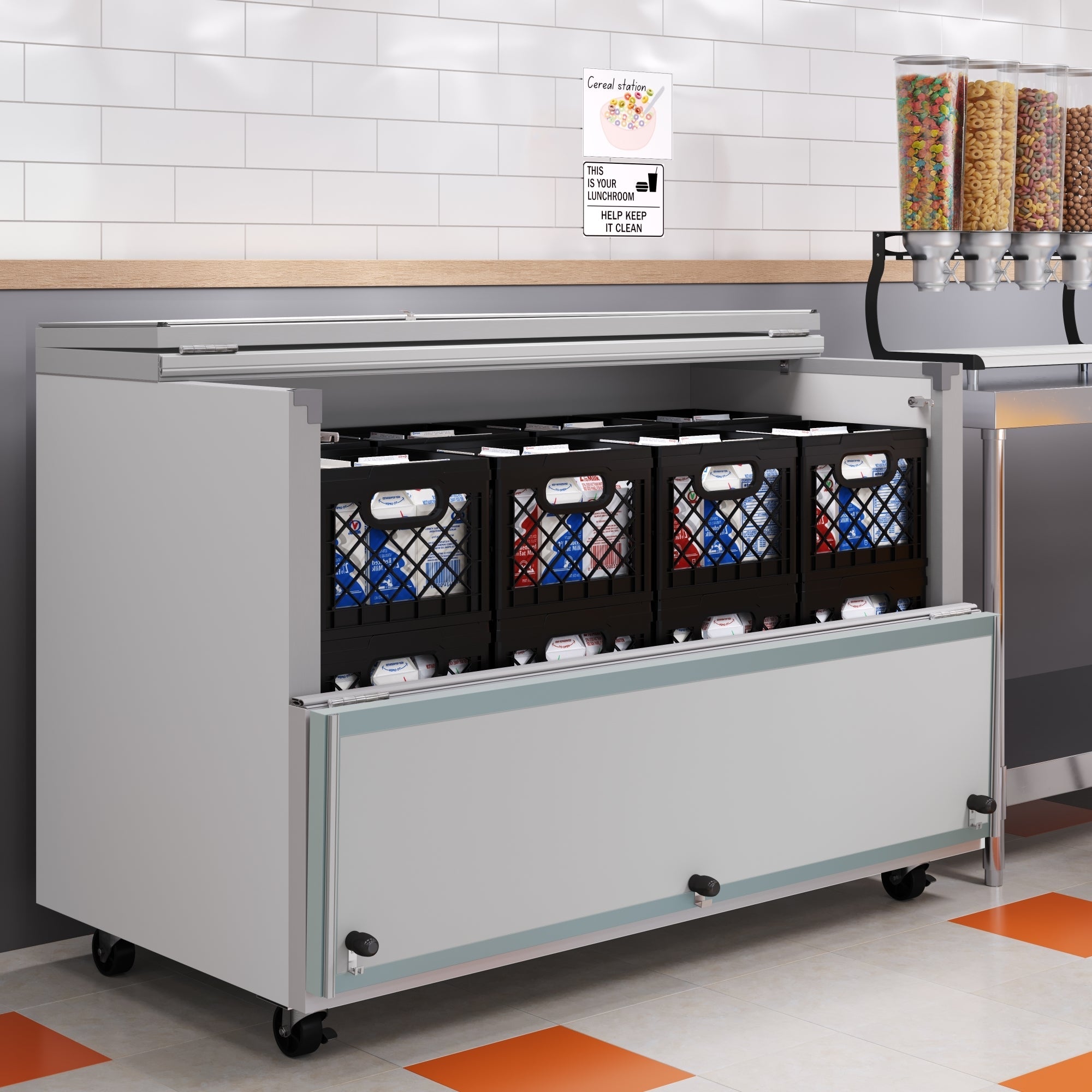 58 in. Commercial Milk Cooler for School and Cafeteria, 16 Crate Capacity with Heavy Duty Casters in Stainless Steel and White