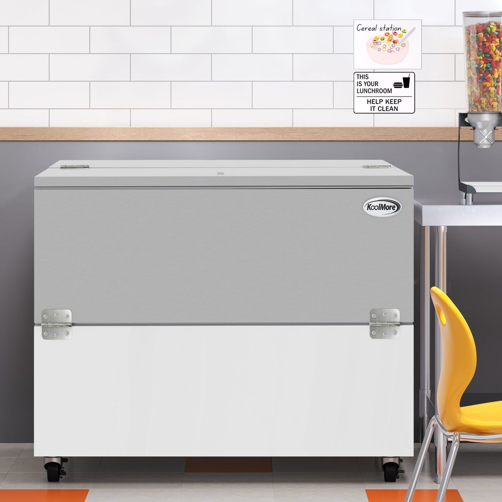 49 in. Commercial Milk Cooler for School and Cafeteria, 12 Crate Capacity with Heavy Duty Casters in Stainless Steel and White