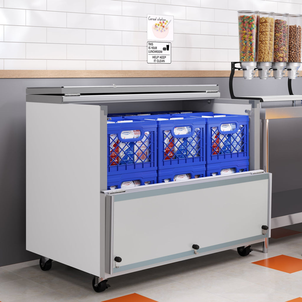 49 in. Commercial Milk Cooler for School and Cafeteria, 12 Crate Capacity with Heavy Duty Casters in Stainless Steel and White