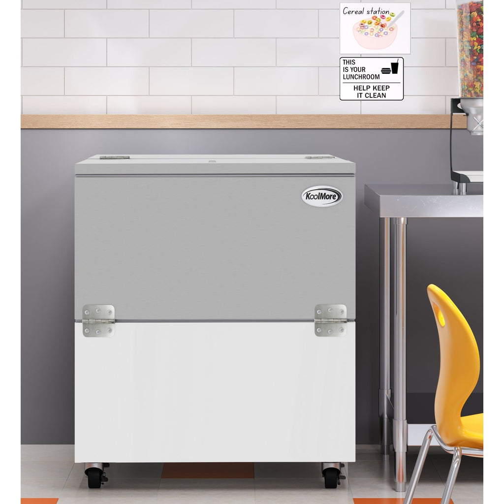 34 in. Commercial Milk Cooler for School and Cafeteria, 8 Crate Capacity with Heavy Duty Casters in Stainless Steel and White