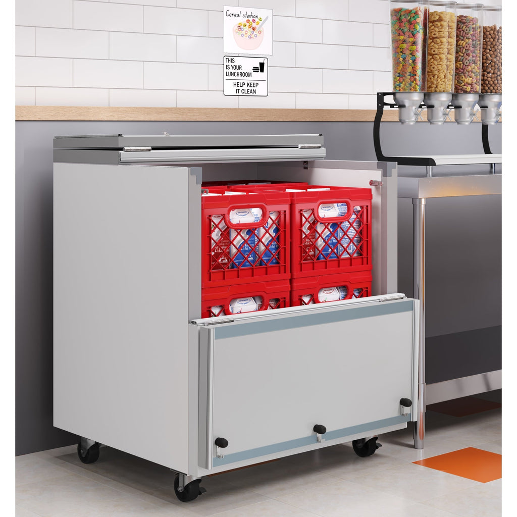 34 in. Commercial Milk Cooler for School and Cafeteria, 8 Crate Capacity with Heavy Duty Casters in Stainless Steel and White
