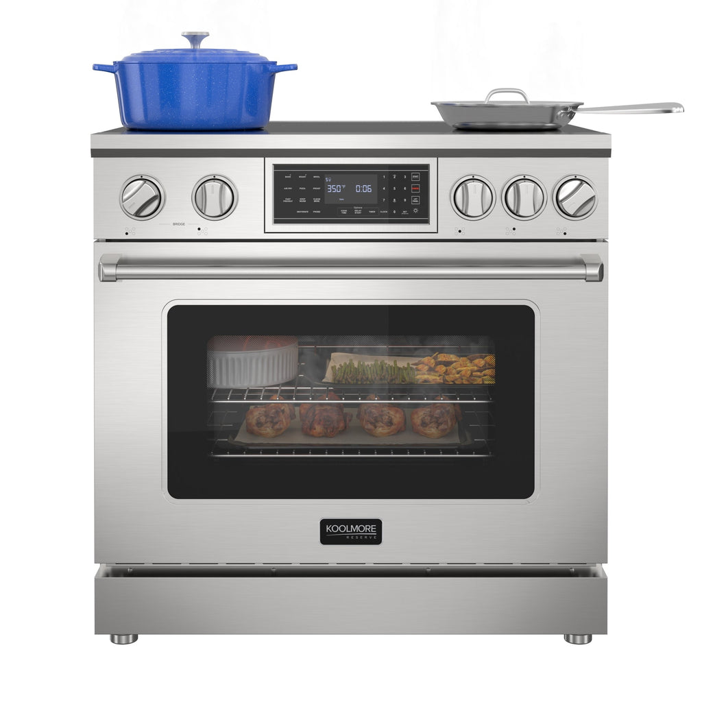 KoolMore Reserve 36 in. Electric Induction Range Oven with Ceramic Glass Cooktop, True Convection, 240V, 6.0 Cu. Ft., Air Fry, Sync Burners, CSA Certified in Stainless Steel