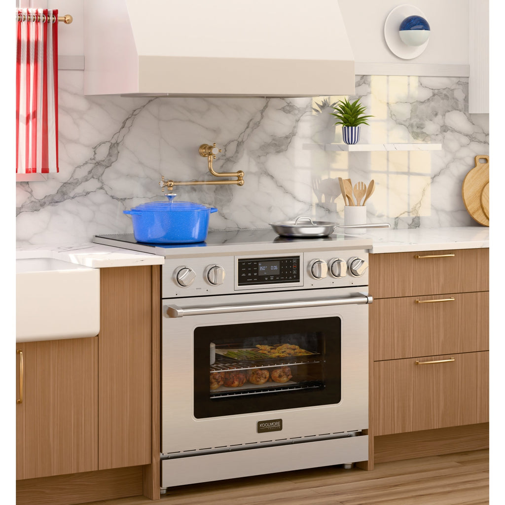 KoolMore Reserve 36 in. Electric Induction Range Oven with Ceramic Glass Cooktop, True Convection, 240V, 6.0 Cu. Ft., Air Fry, Sync Burners, CSA Certified in Stainless Steel