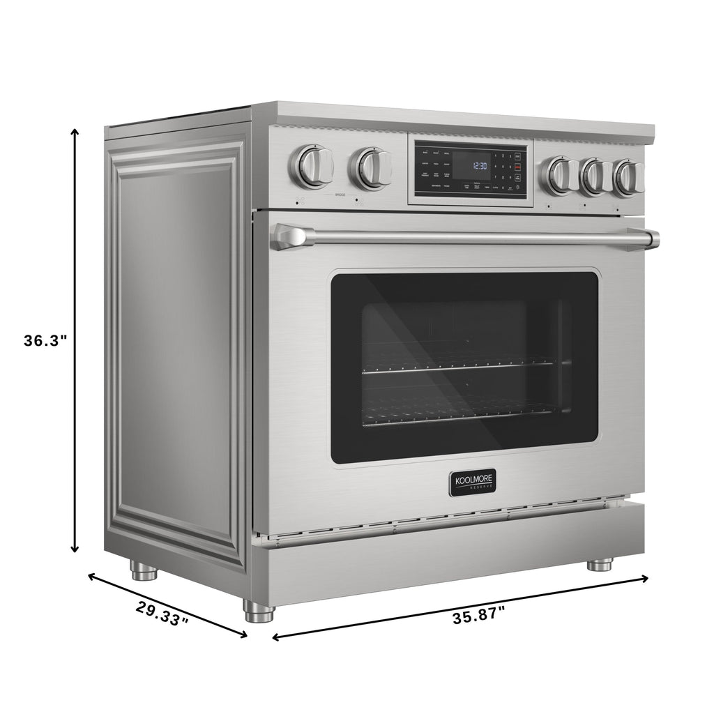 KoolMore Reserve 36 in. Electric Induction Range Oven with Ceramic Glass Cooktop, True Convection, 240V, 6.0 Cu. Ft., Air Fry, Sync Burners, CSA Certified in Stainless Steel